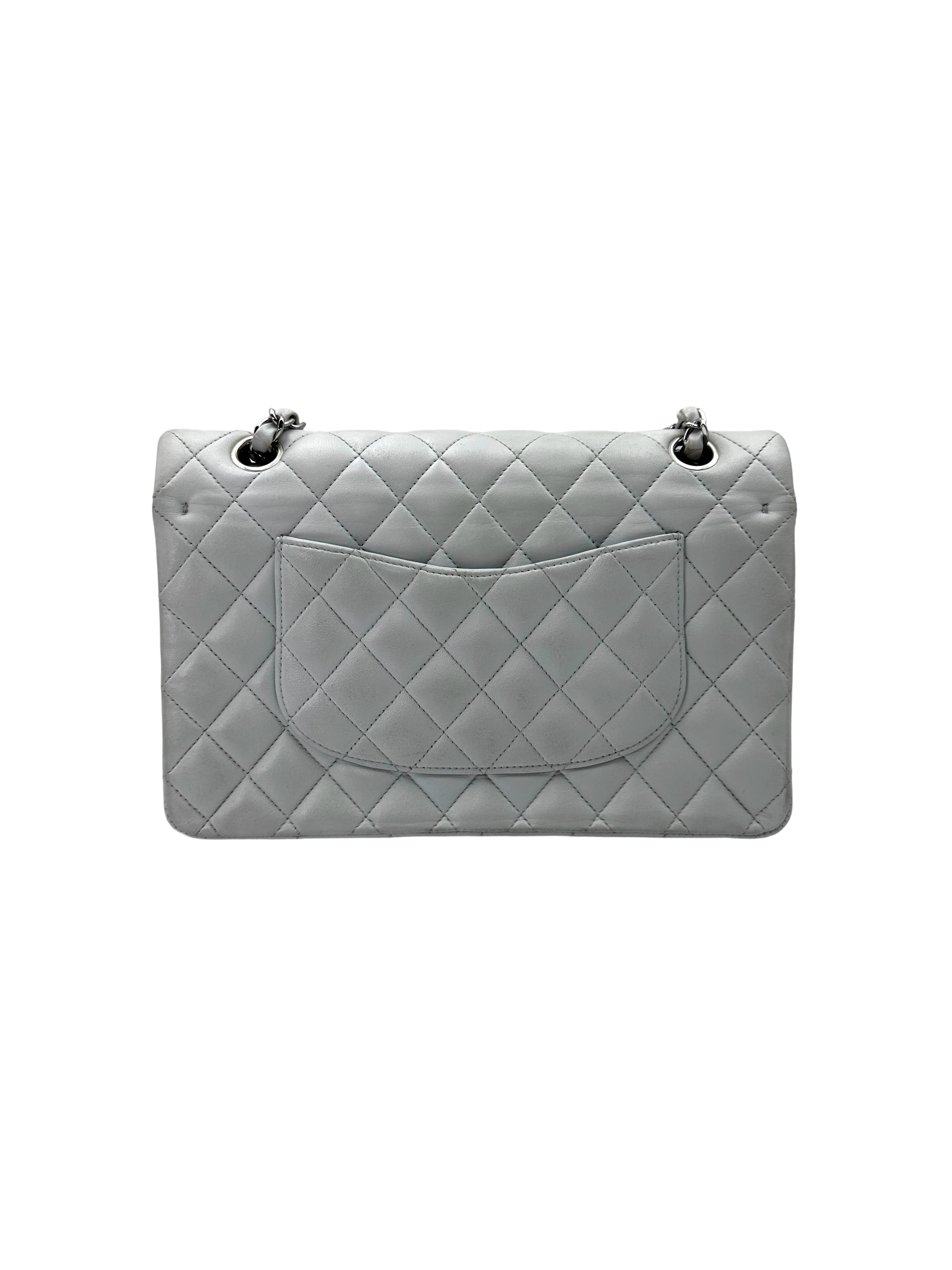Chanel Classic Flap Light Grey Quilted Lambskin Medium Size Shoulder Bag With Silver Buckle(14***42) CC2086