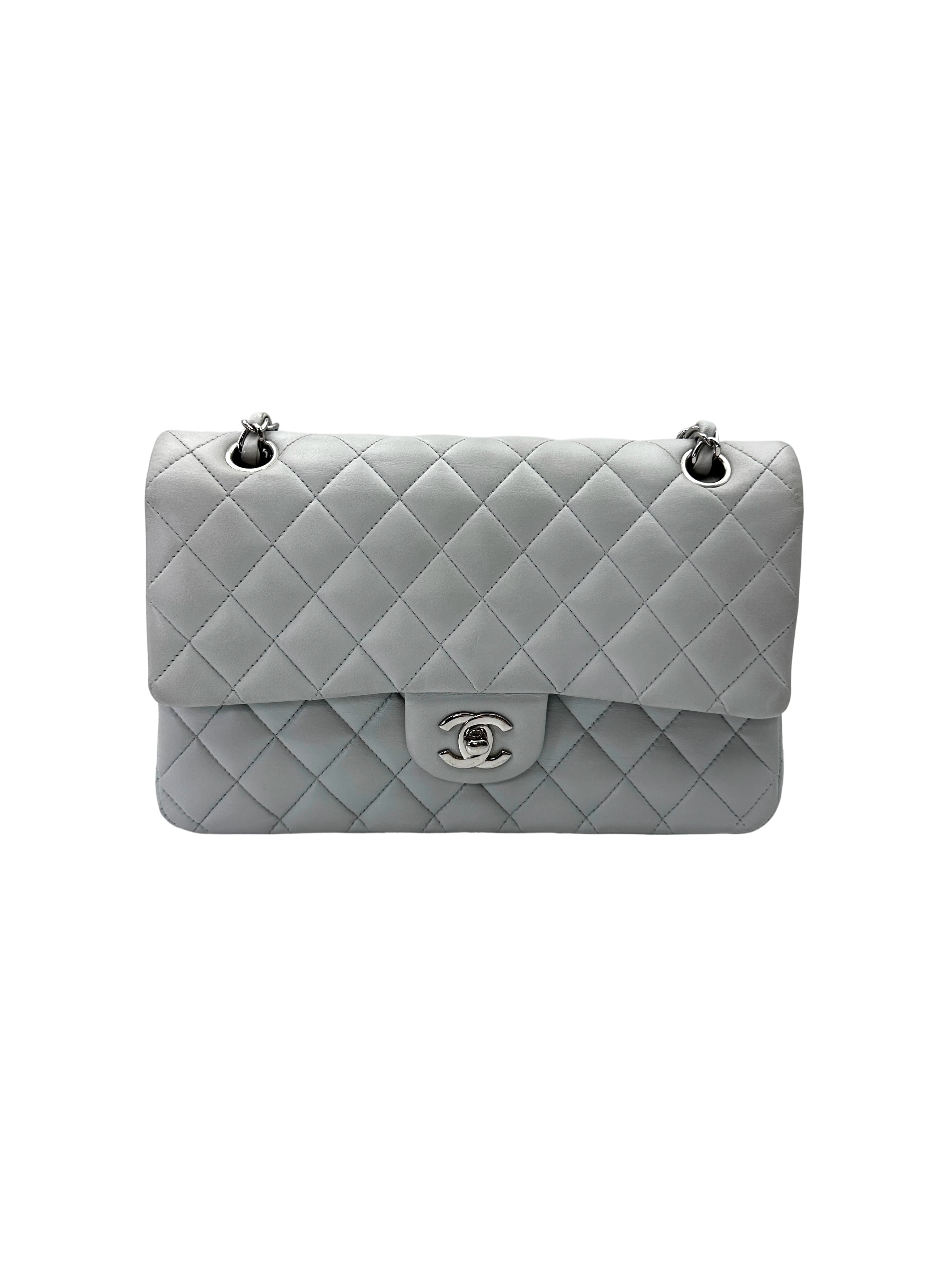 Chanel Classic Flap Light Grey Quilted Lambskin Medium Size Shoulder Bag With Silver Buckle(14***42) CC2086