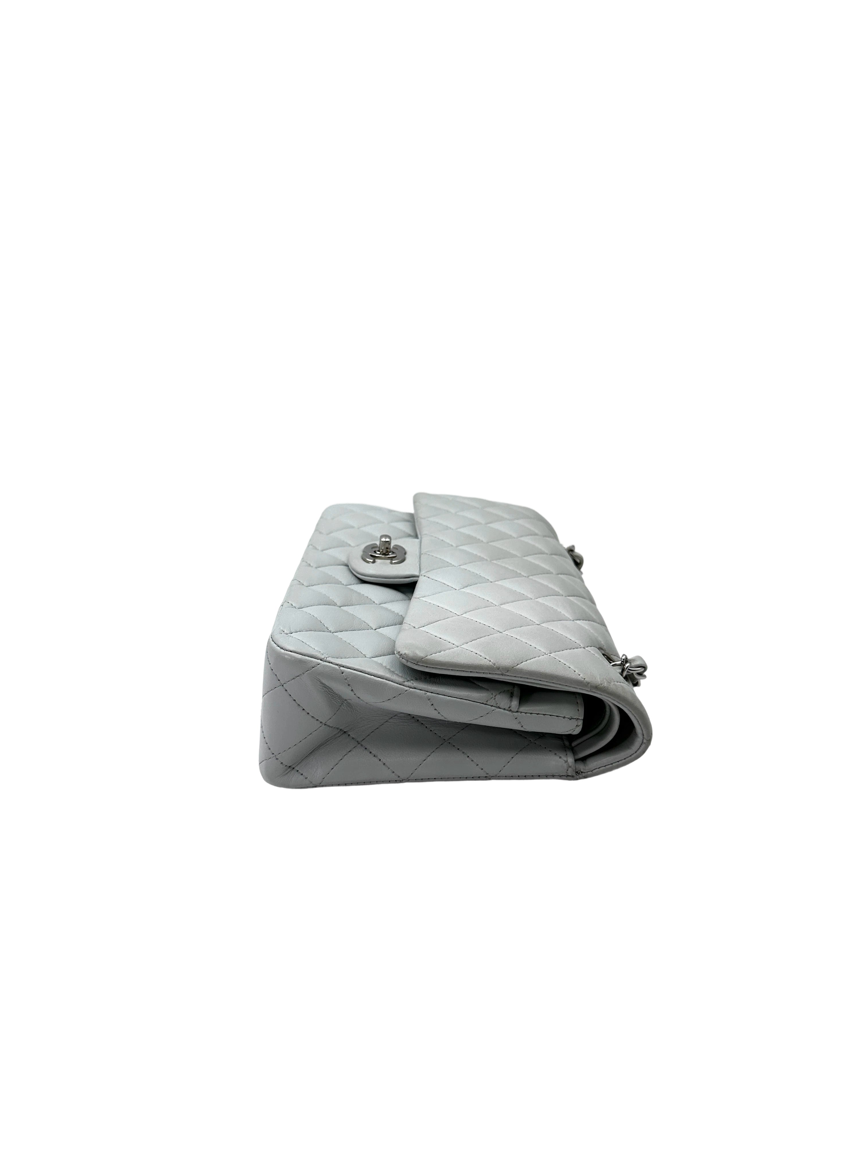 Chanel Classic Flap Light Grey Quilted Lambskin Medium Size Shoulder Bag With Silver Buckle(14***42) CC2086