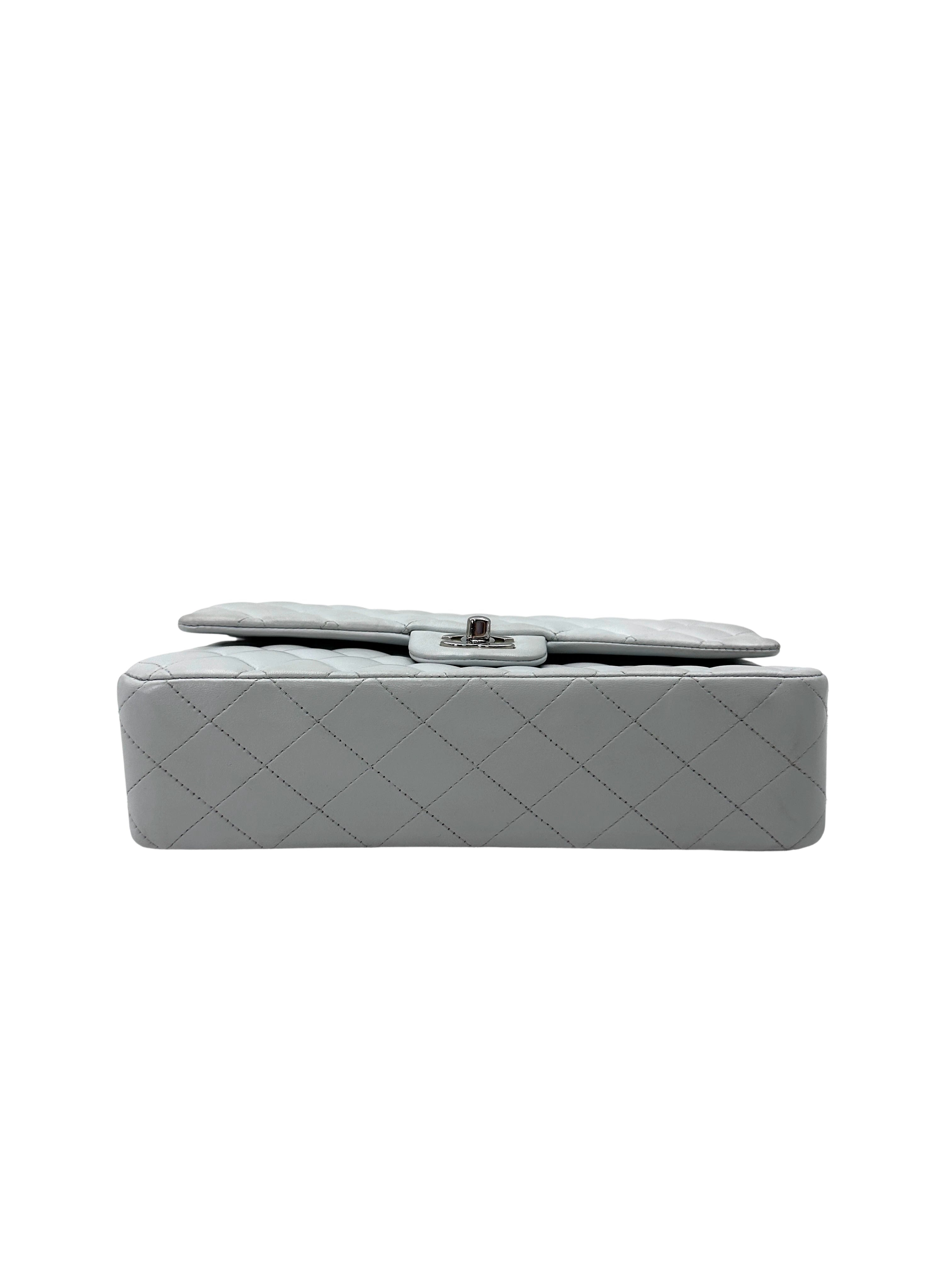 Chanel Classic Flap Light Grey Quilted Lambskin Medium Size Shoulder Bag With Silver Buckle(14***42) CC2086