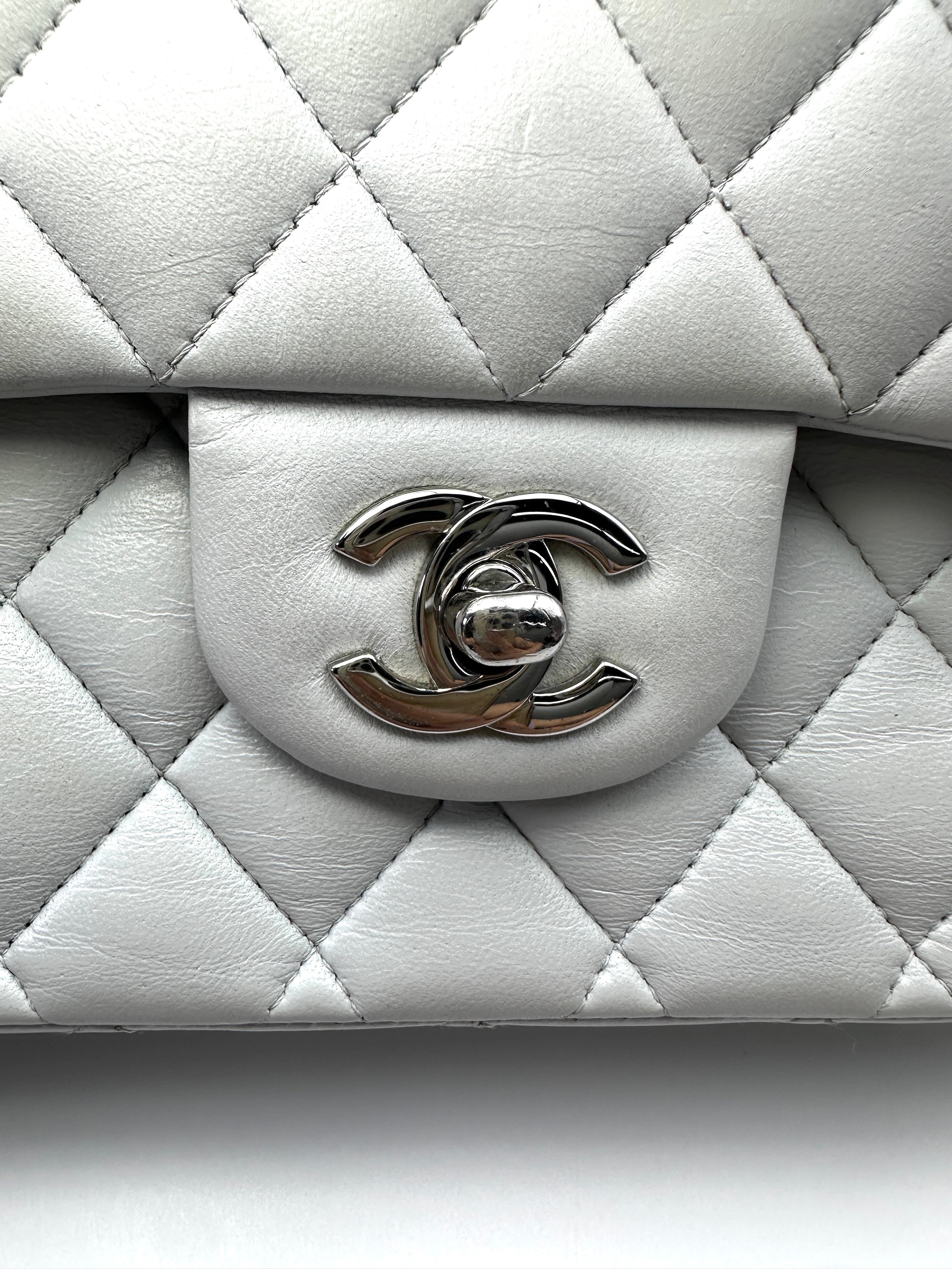 Chanel Classic Flap Light Grey Quilted Lambskin Medium Size Shoulder Bag With Silver Buckle(14***42) CC2086