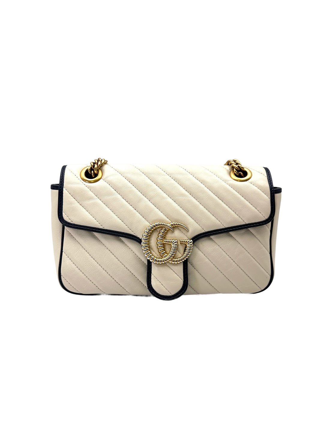 Gucci GG Marmont White Leather Flap Bag With Blue Trim GG1189