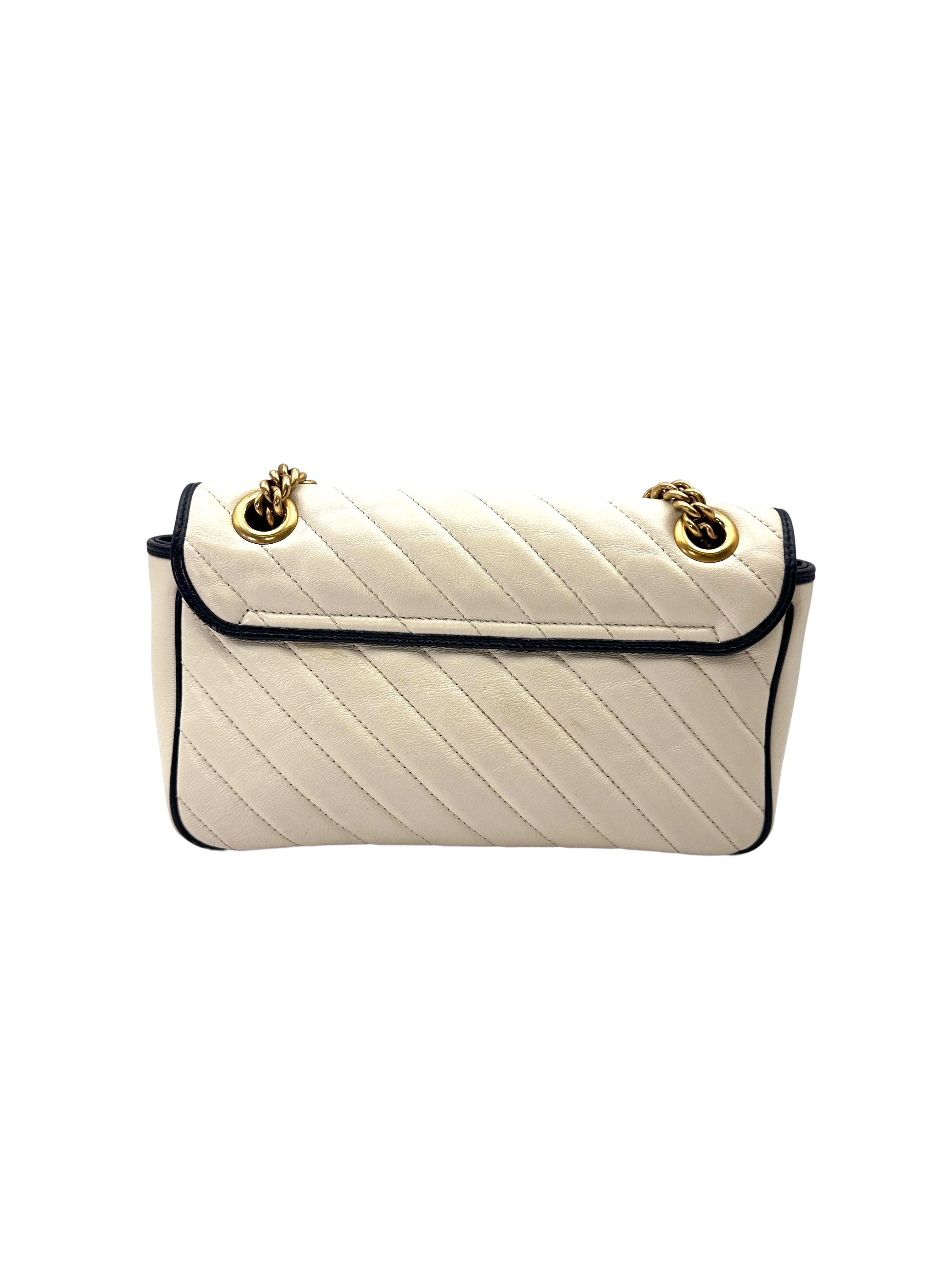 Gucci GG Marmont White Leather Flap Bag With Blue Trim GG1189