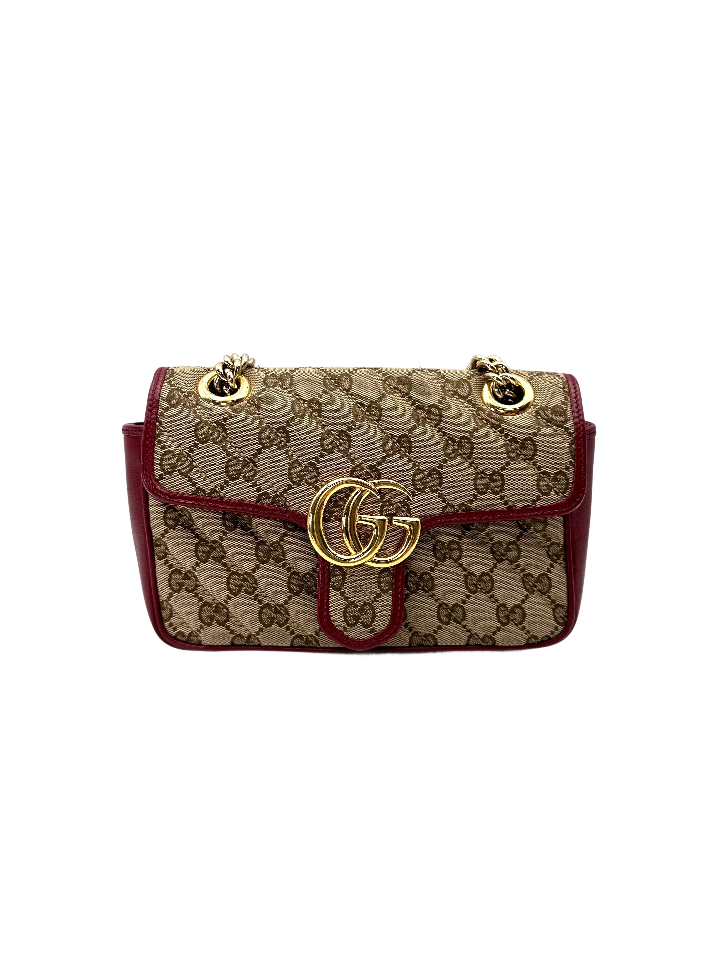 Gucci GG Marmont Beige Canvas Shoulder Bag With Red Trim GG1197