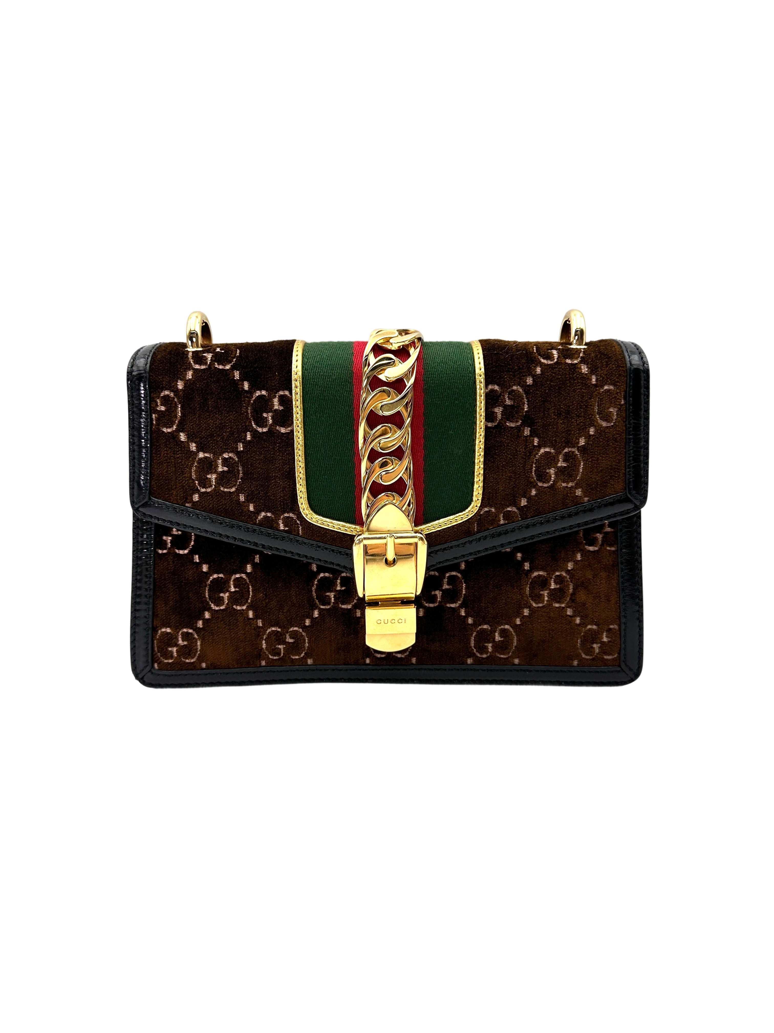 Gucci Sylvie Brown Velvet Shoulder Bag GG1198