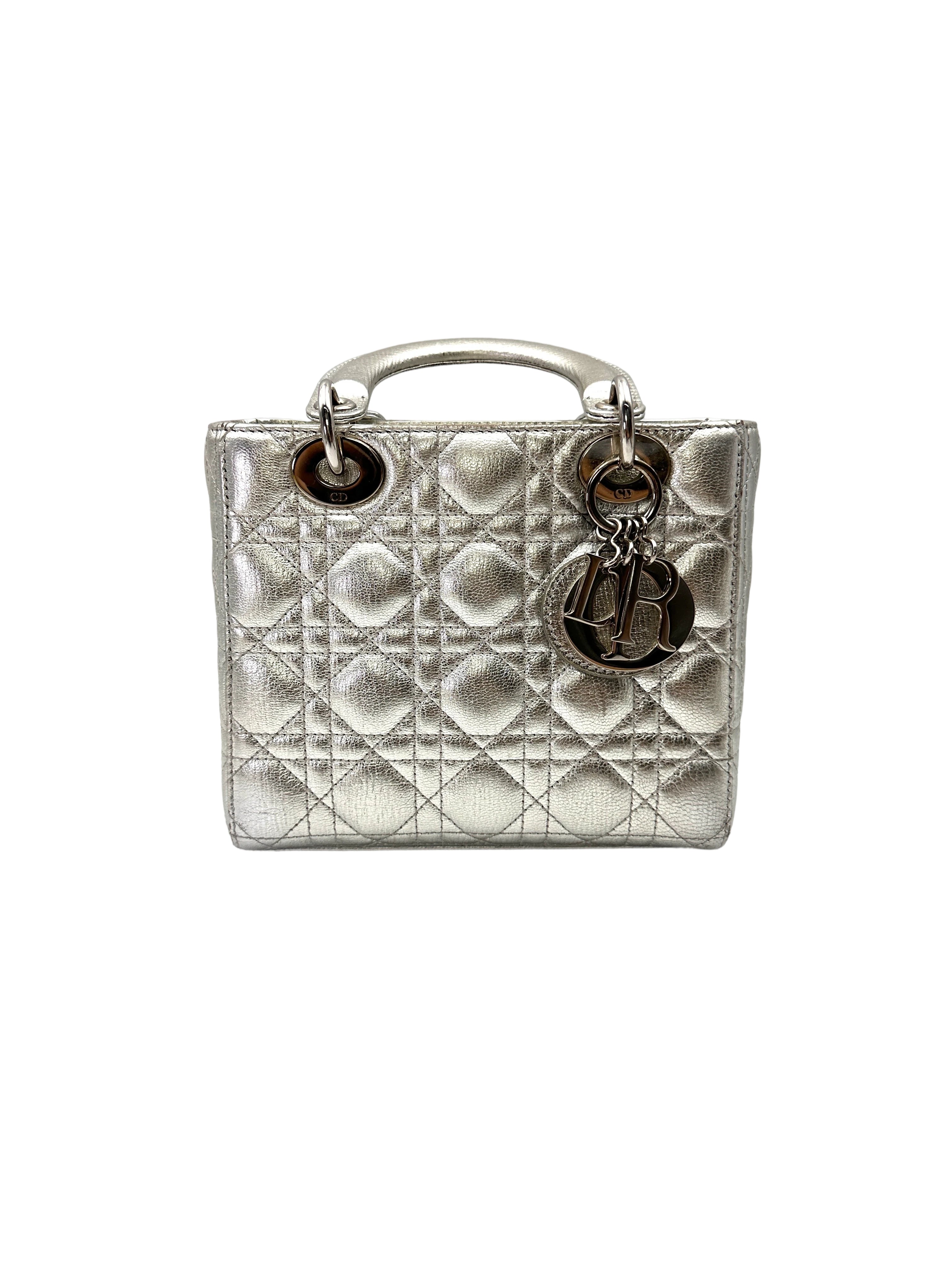 Christian Dior Lady Dior Metallic Silver Cannage Leather Handle Bag With Silver Charms DR772