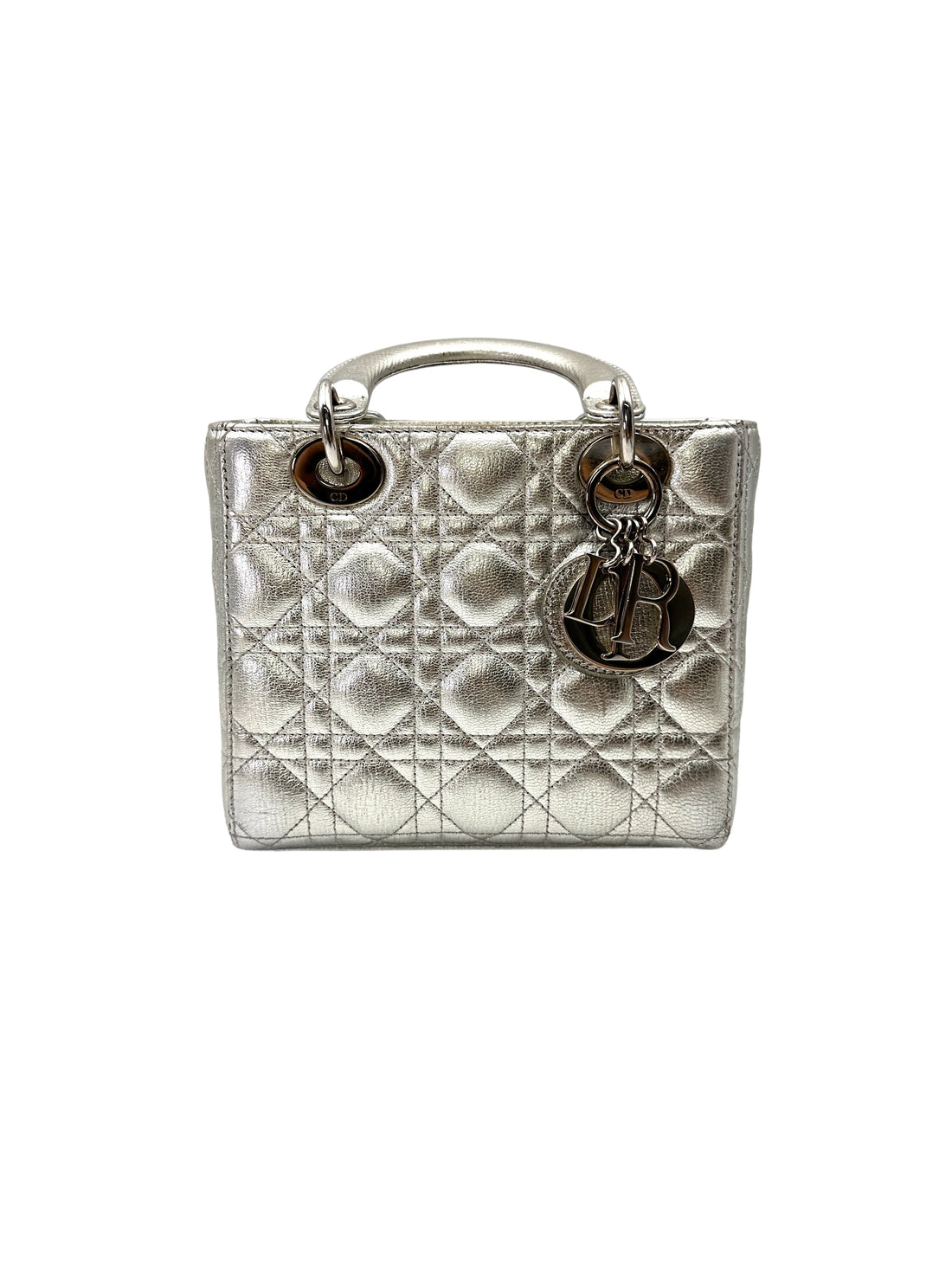 Christian Dior Lady Dior Metallic Silver Cannage Leather Handle Bag With Silver Charms DR772