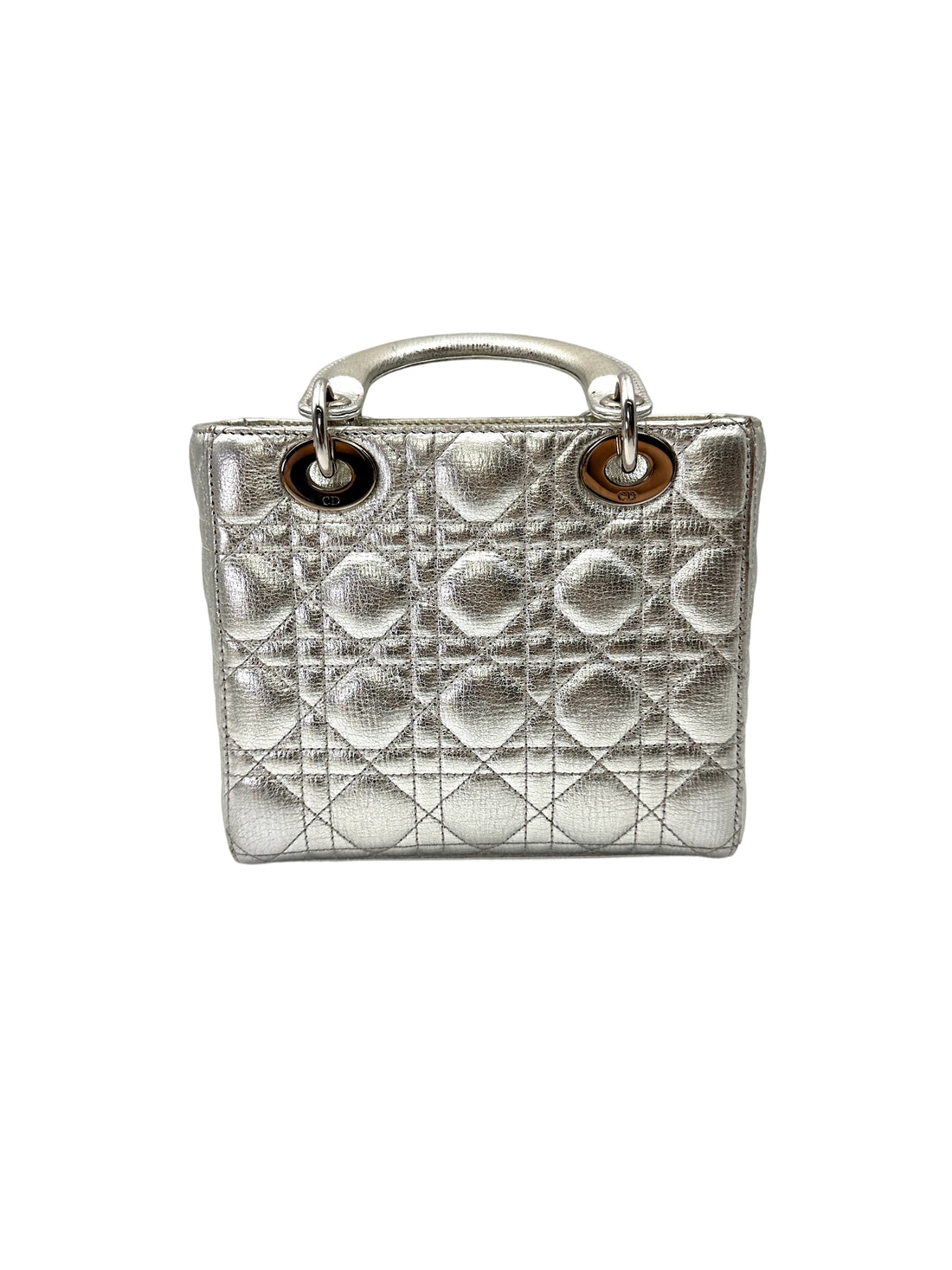 Christian Dior Lady Dior Metallic Silver Cannage Leather Handle Bag With Silver Charms DR772