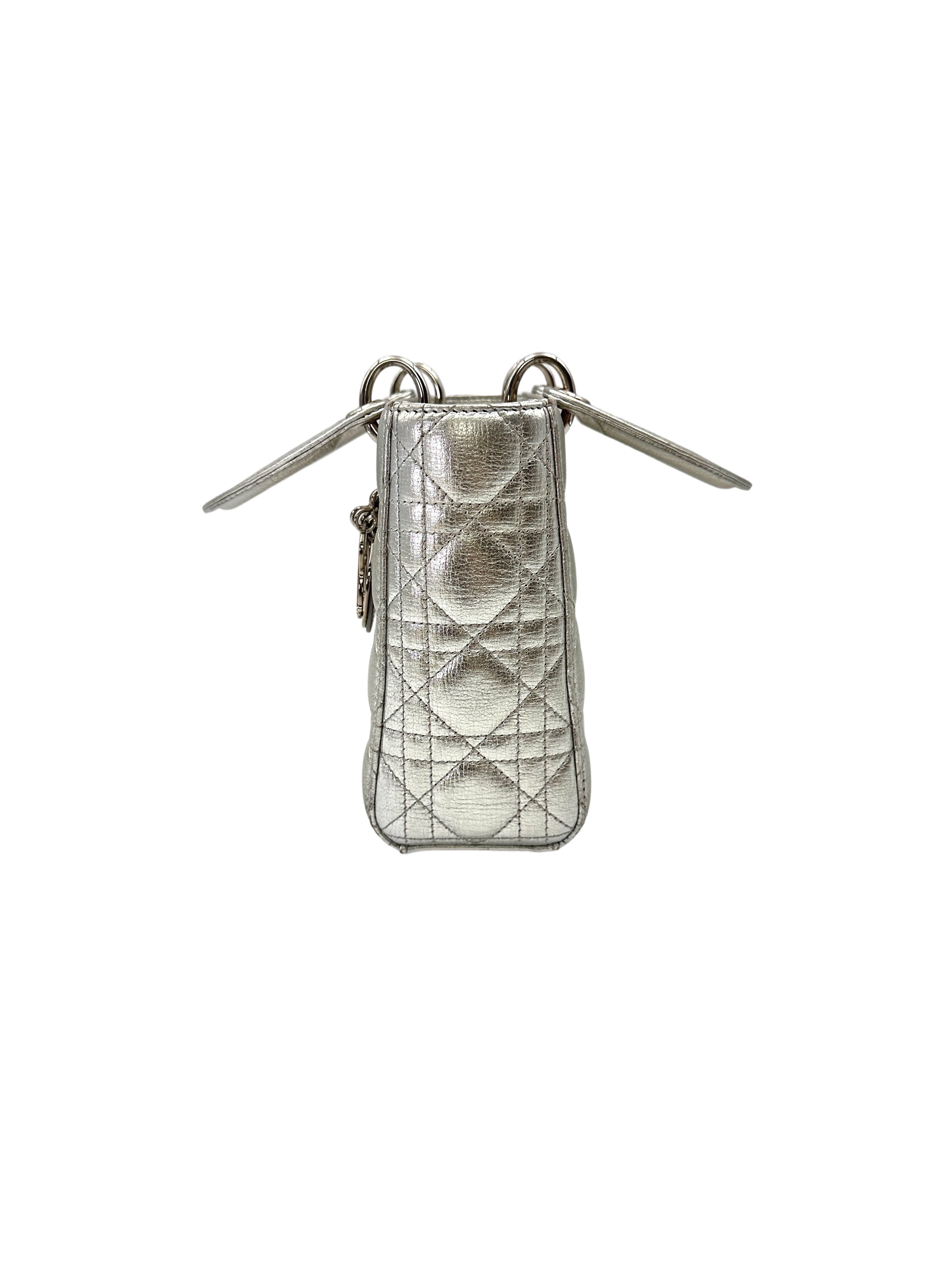 Christian Dior Lady Dior Metallic Silver Cannage Leather Handle Bag With Silver Charms DR772