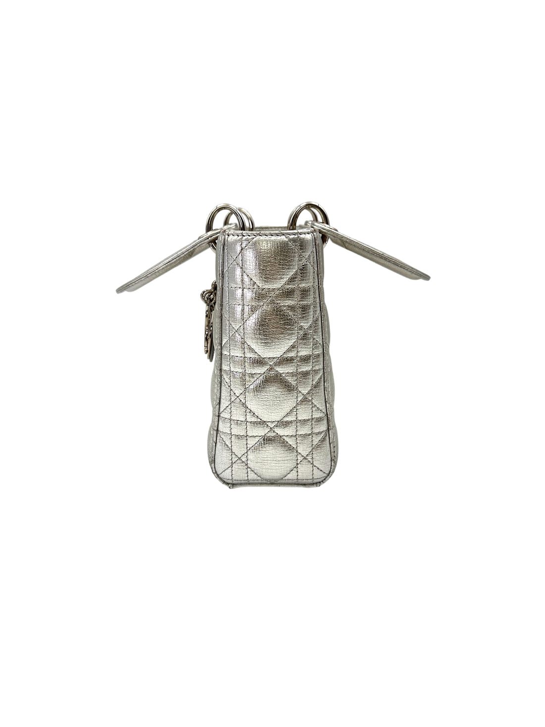 Christian Dior Lady Dior Metallic Silver Cannage Leather Handle Bag With Silver Charms DR772