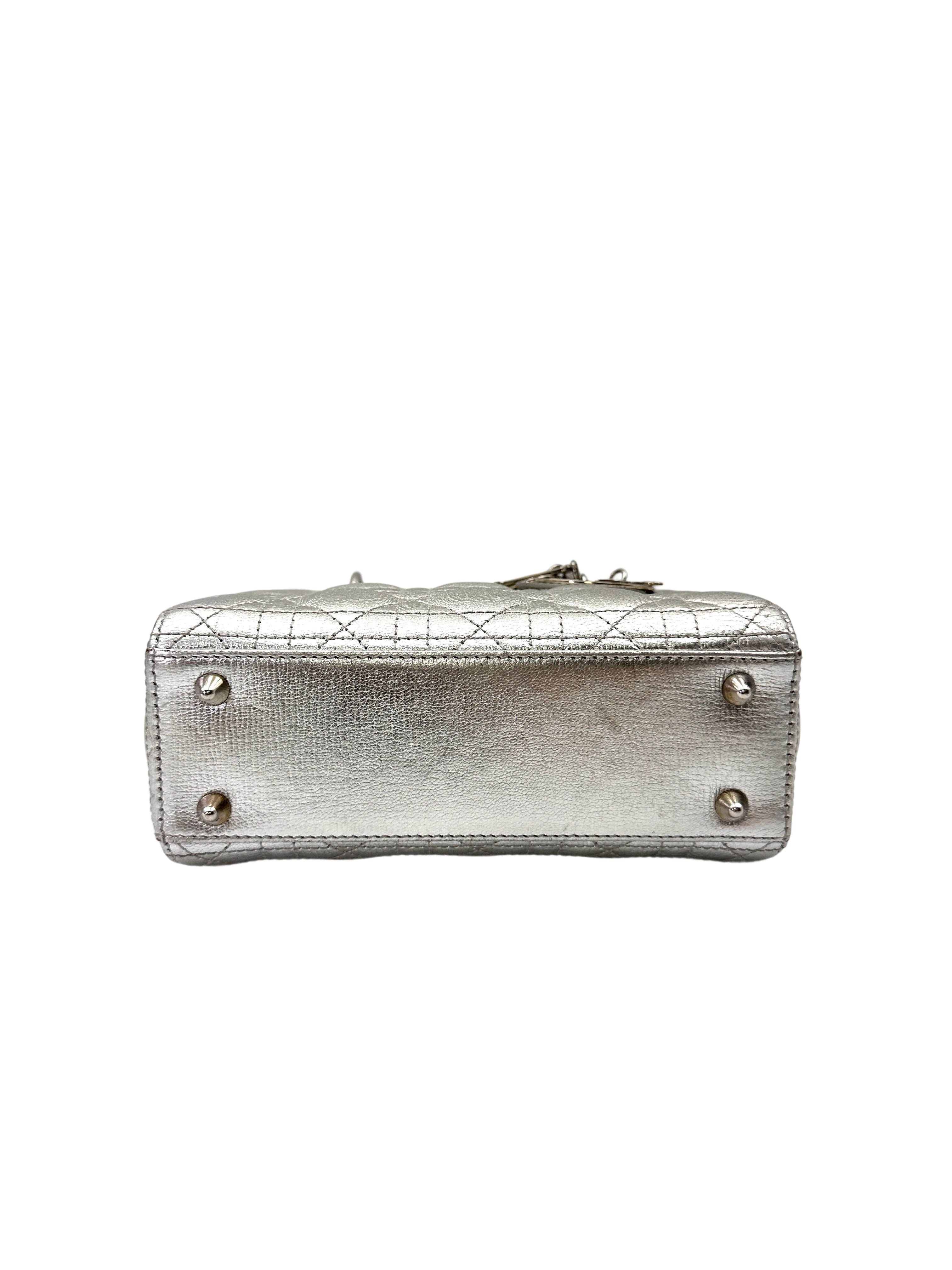 Christian Dior Lady Dior Metallic Silver Cannage Leather Handle Bag With Silver Charms DR772