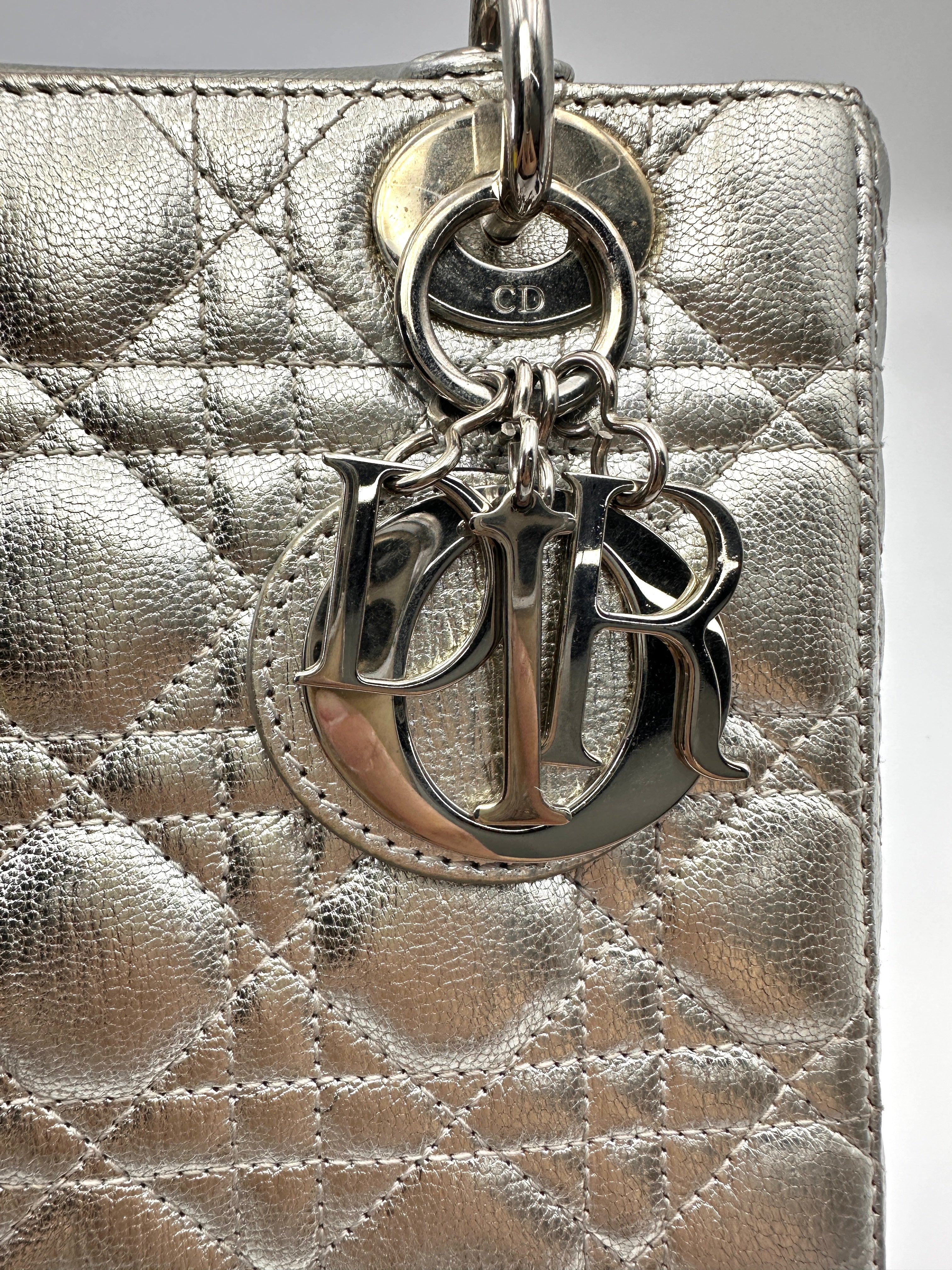 Christian Dior Lady Dior Metallic Silver Cannage Leather Handle Bag With Silver Charms DR772