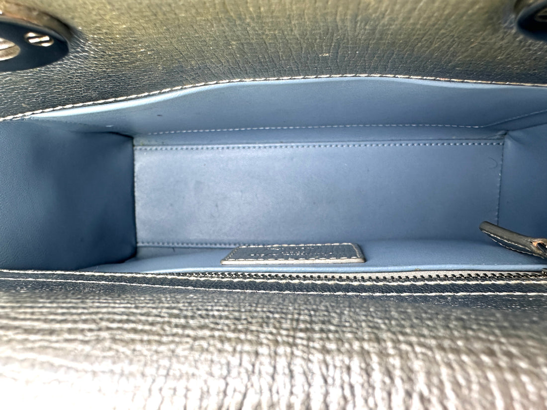 Christian Dior Lady Dior Metallic Silver Cannage Leather Handle Bag With Silver Charms DR772