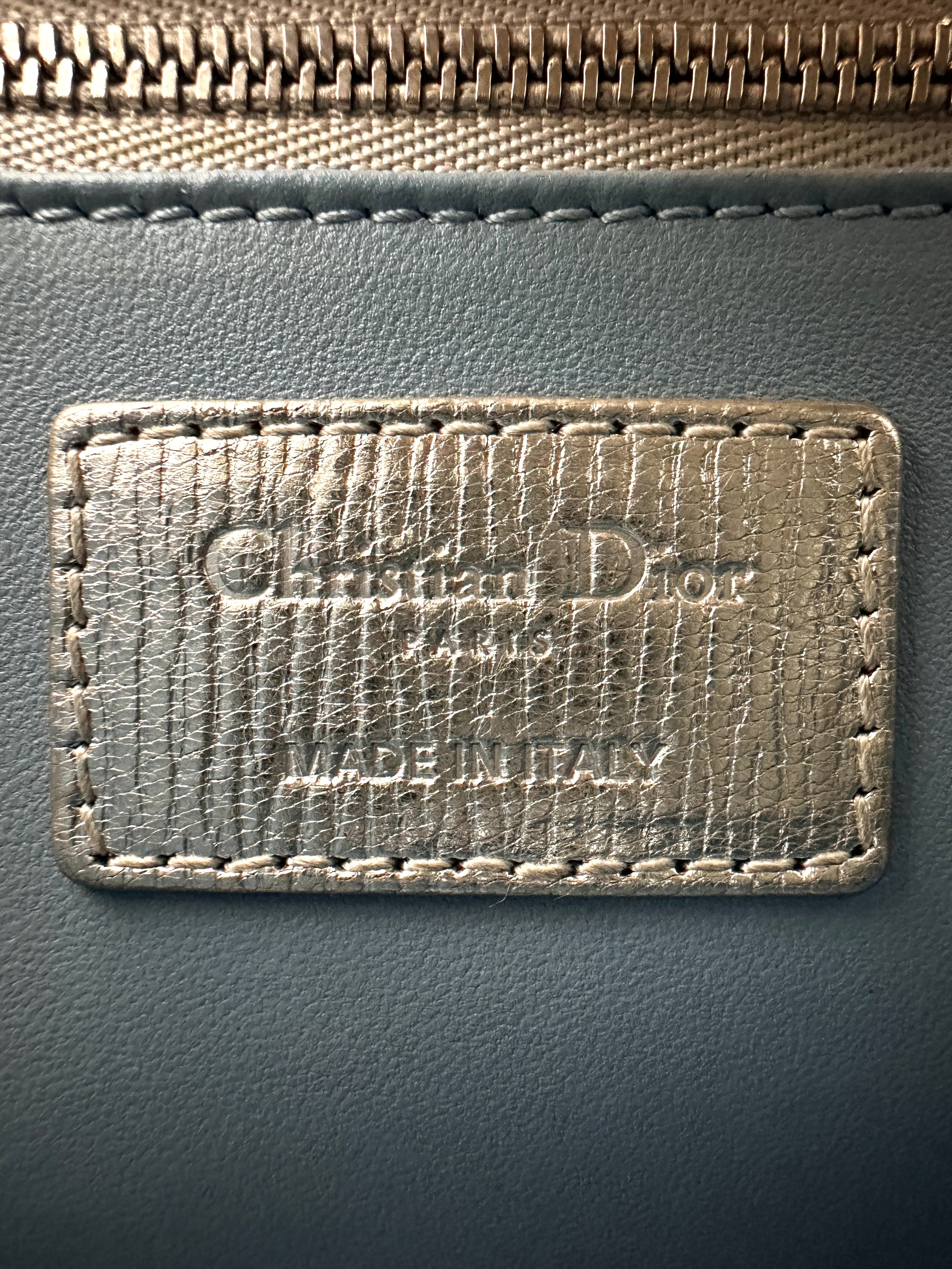 Christian Dior Lady Dior Metallic Silver Cannage Leather Handle Bag With Silver Charms DR772