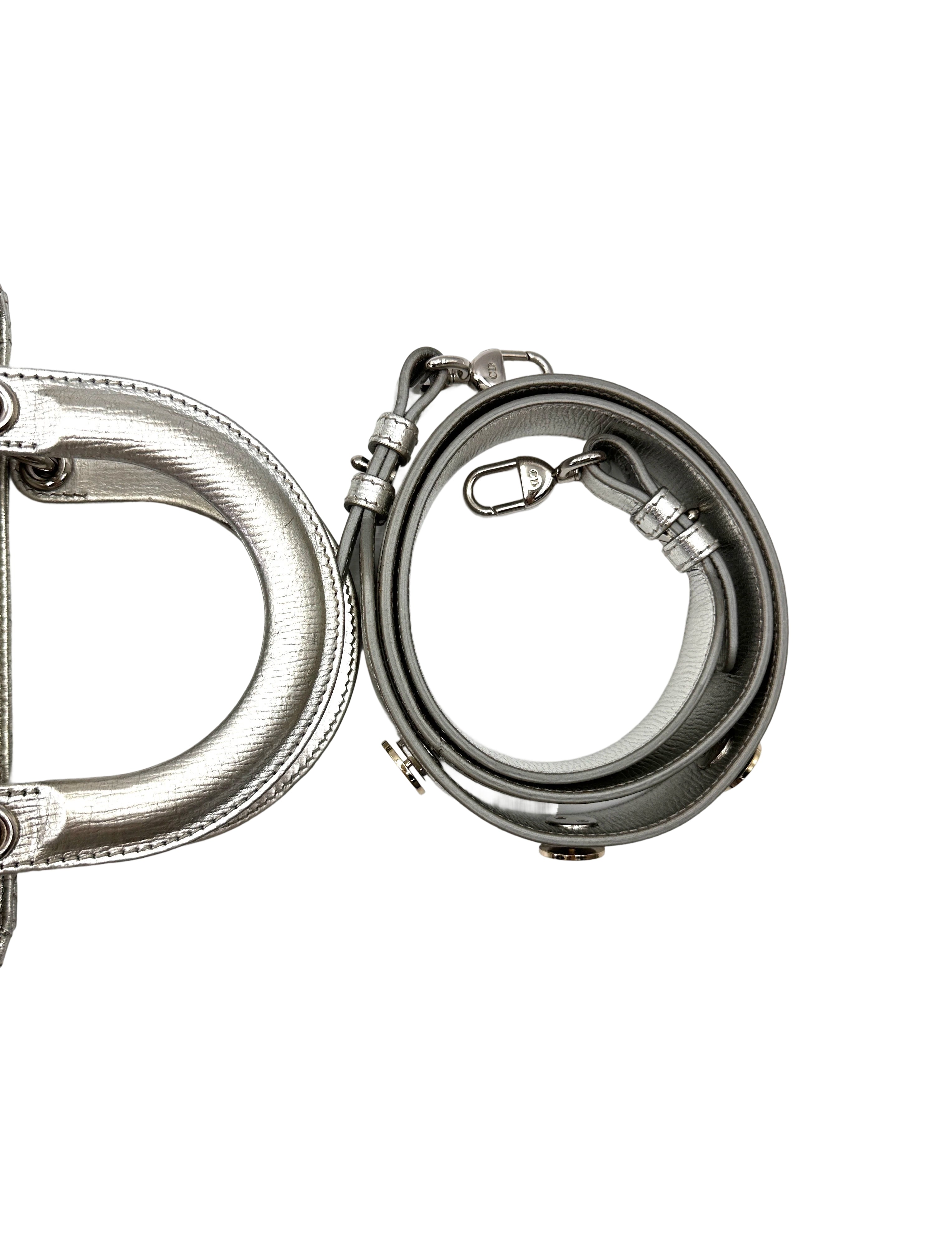 Christian Dior Lady Dior Metallic Silver Cannage Leather Handle Bag With Silver Charms DR772