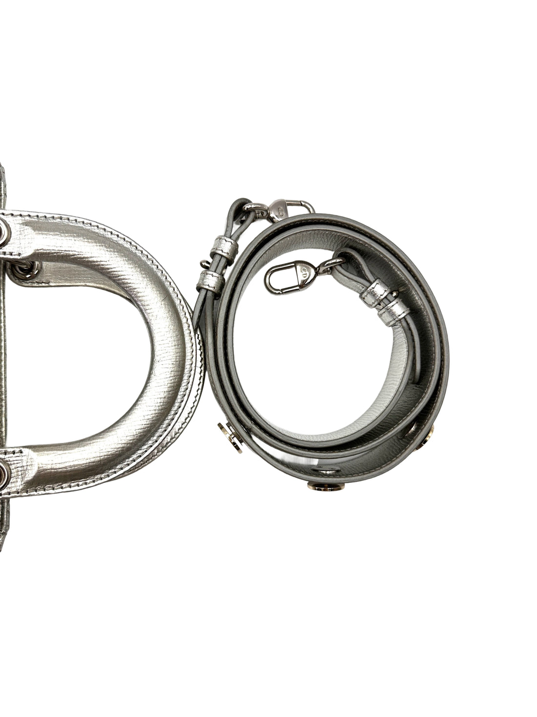 Christian Dior Lady Dior Metallic Silver Cannage Leather Handle Bag With Silver Charms DR772