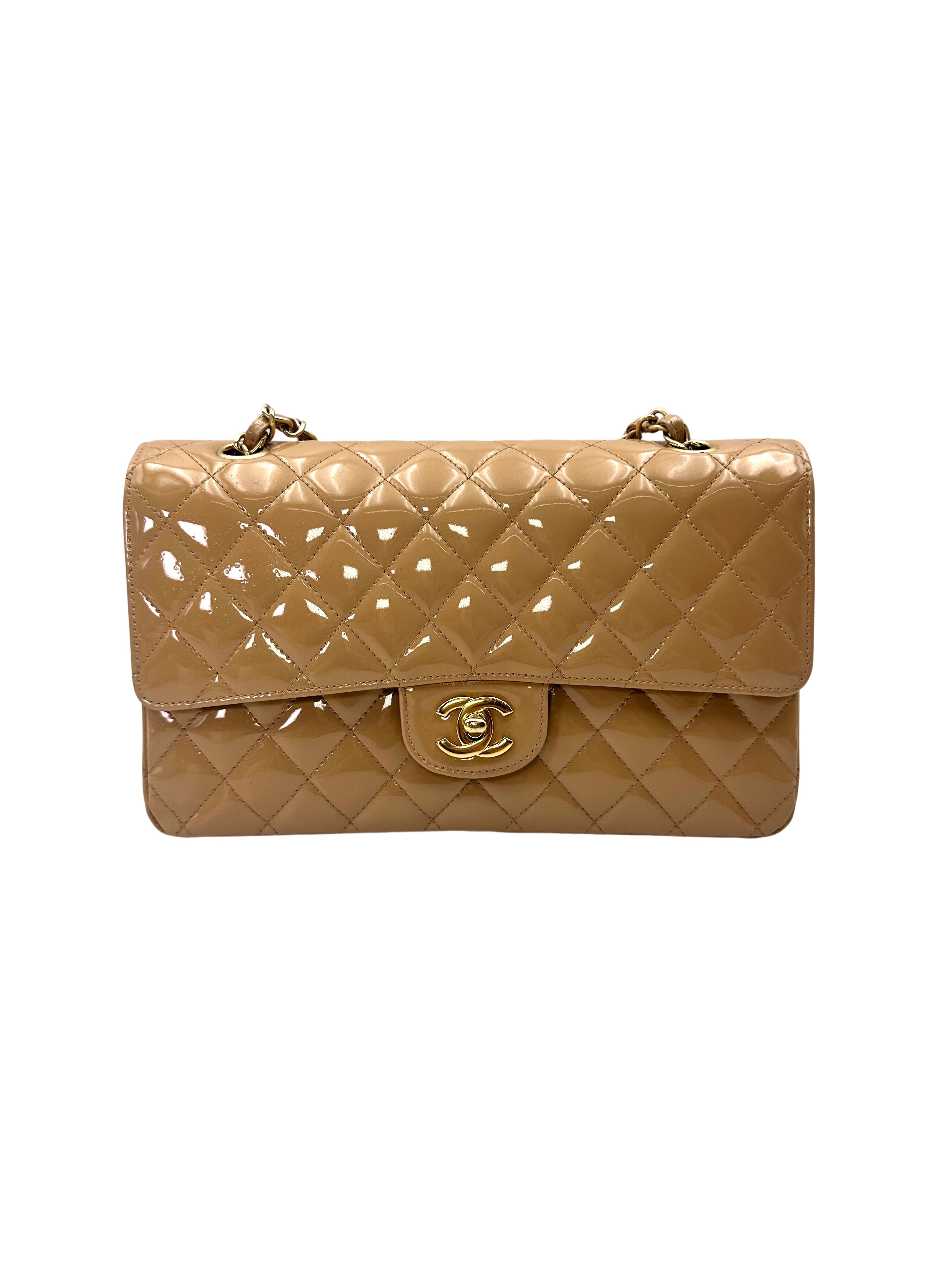Chanel Classic Flap Beige Quilted Patent Leather Medium Size Shoulder Bag With Gold Buckle(13***62) CC2102
