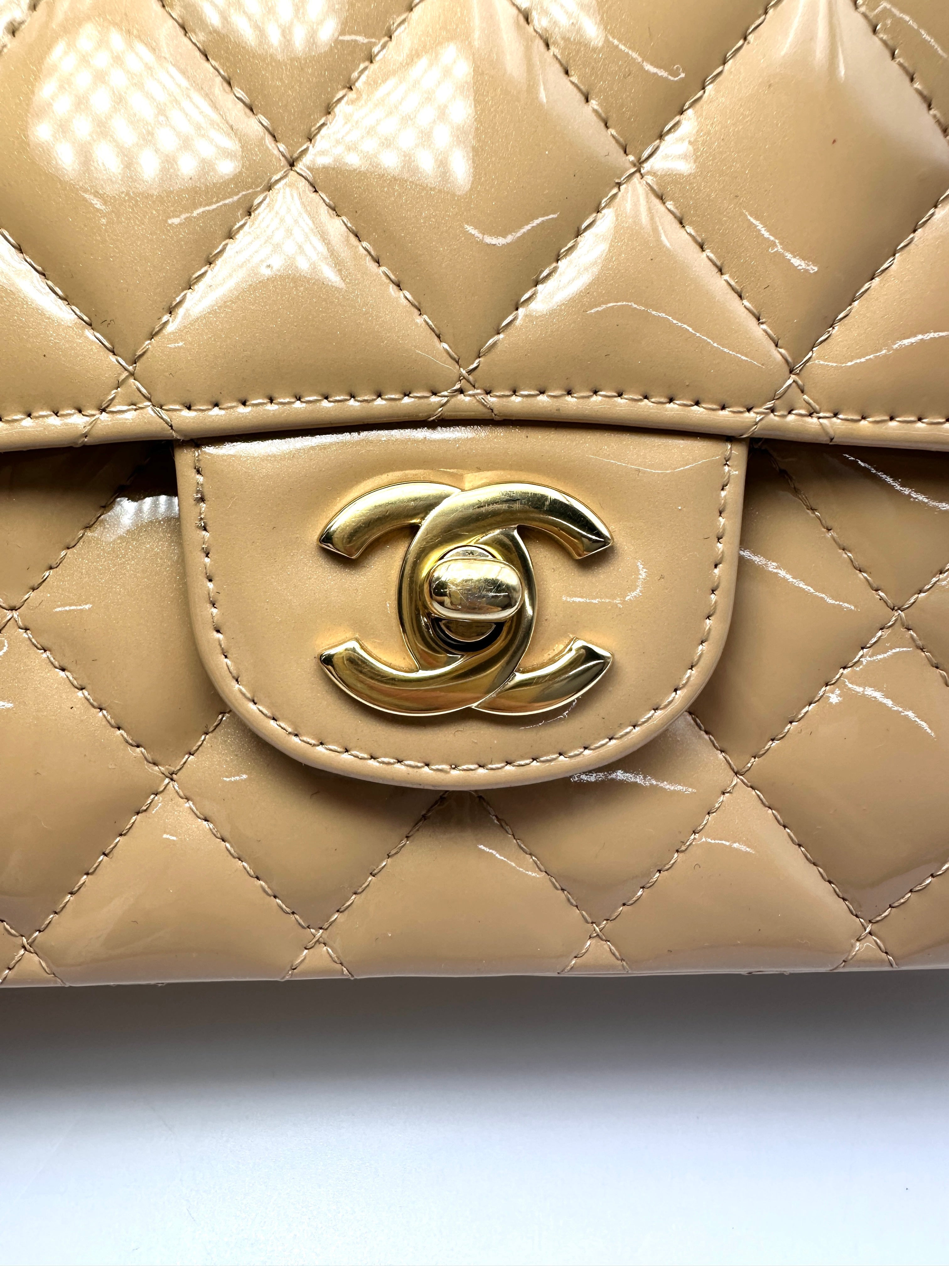 Chanel Classic Flap Beige Quilted Patent Leather Medium Size Shoulder Bag With Gold Buckle(13***62) CC2102