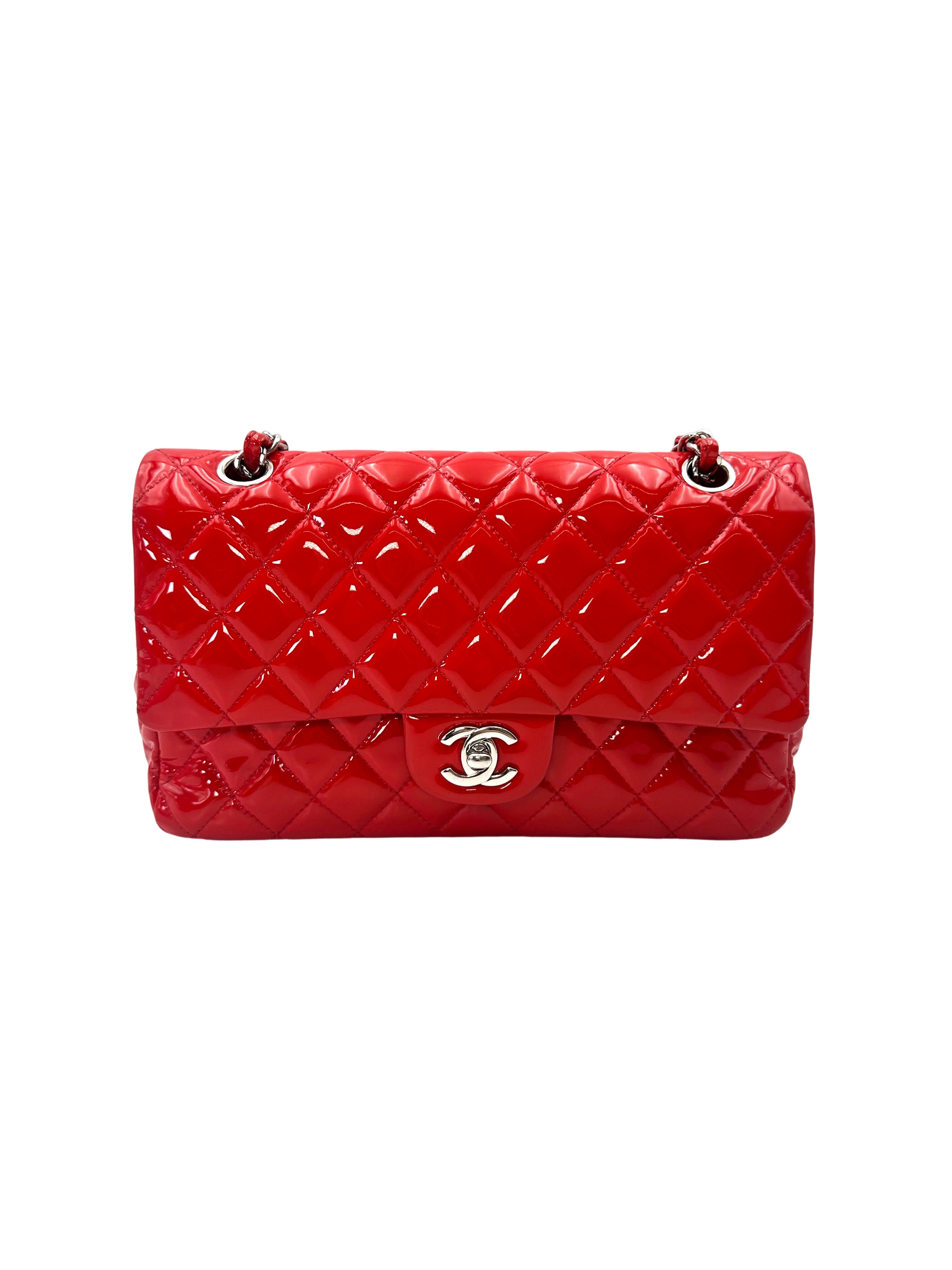 Chanel Classic Flap Red Quilted Patent Leather Medium Size Shoulder Bag With Silver Buckle(19***64) CC2097