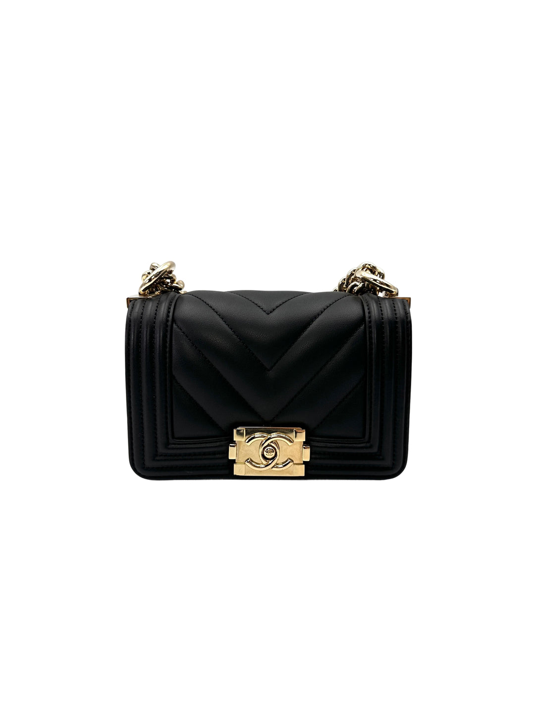 Chanel LeBoy Black Chevron Quilted Leather Mini Flap Bag With Gold Buckle(JC***X8) CC2105