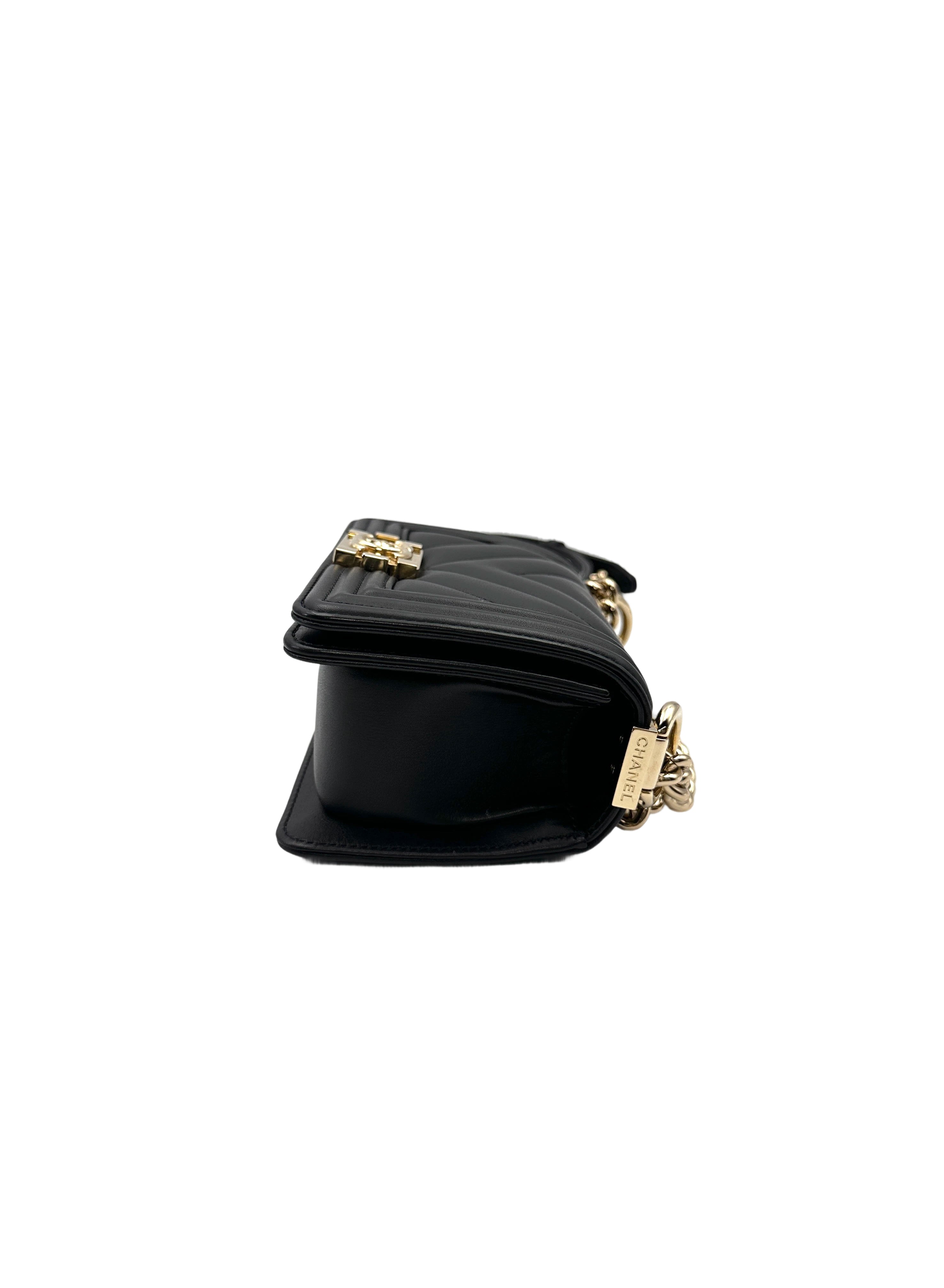 Chanel LeBoy Black Chevron Quilted Leather Mini Flap Bag With Gold Buckle(JC***X8) CC2105