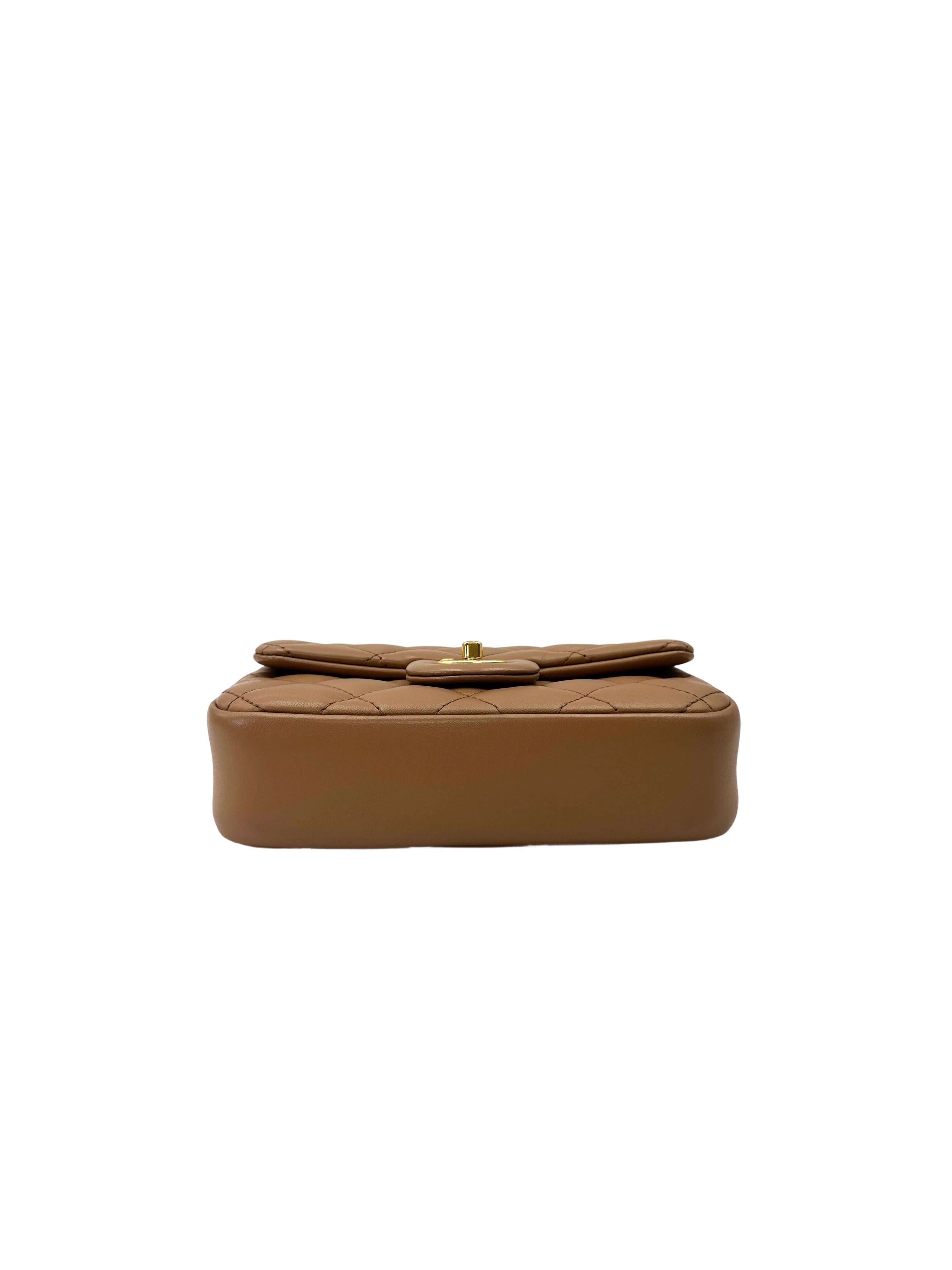 Chanel 22B Classic Flap Brown Quilted Lambskin Mini Shoulder Bag With Gold Buckle(GP***HH) CC2106