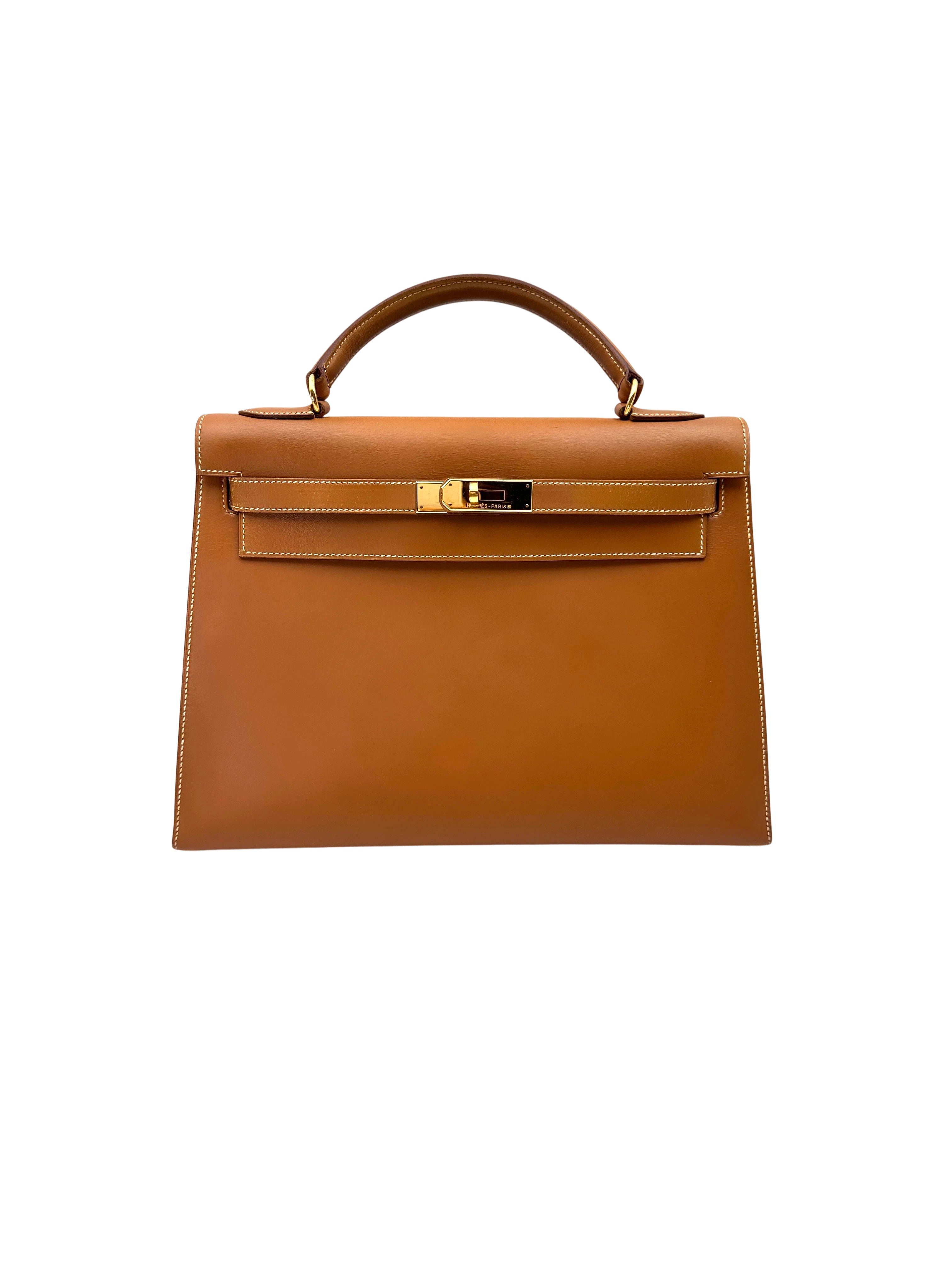 Hermes Kelly32 Brown Leather Top Handle Bag With Gold Hardware HR121