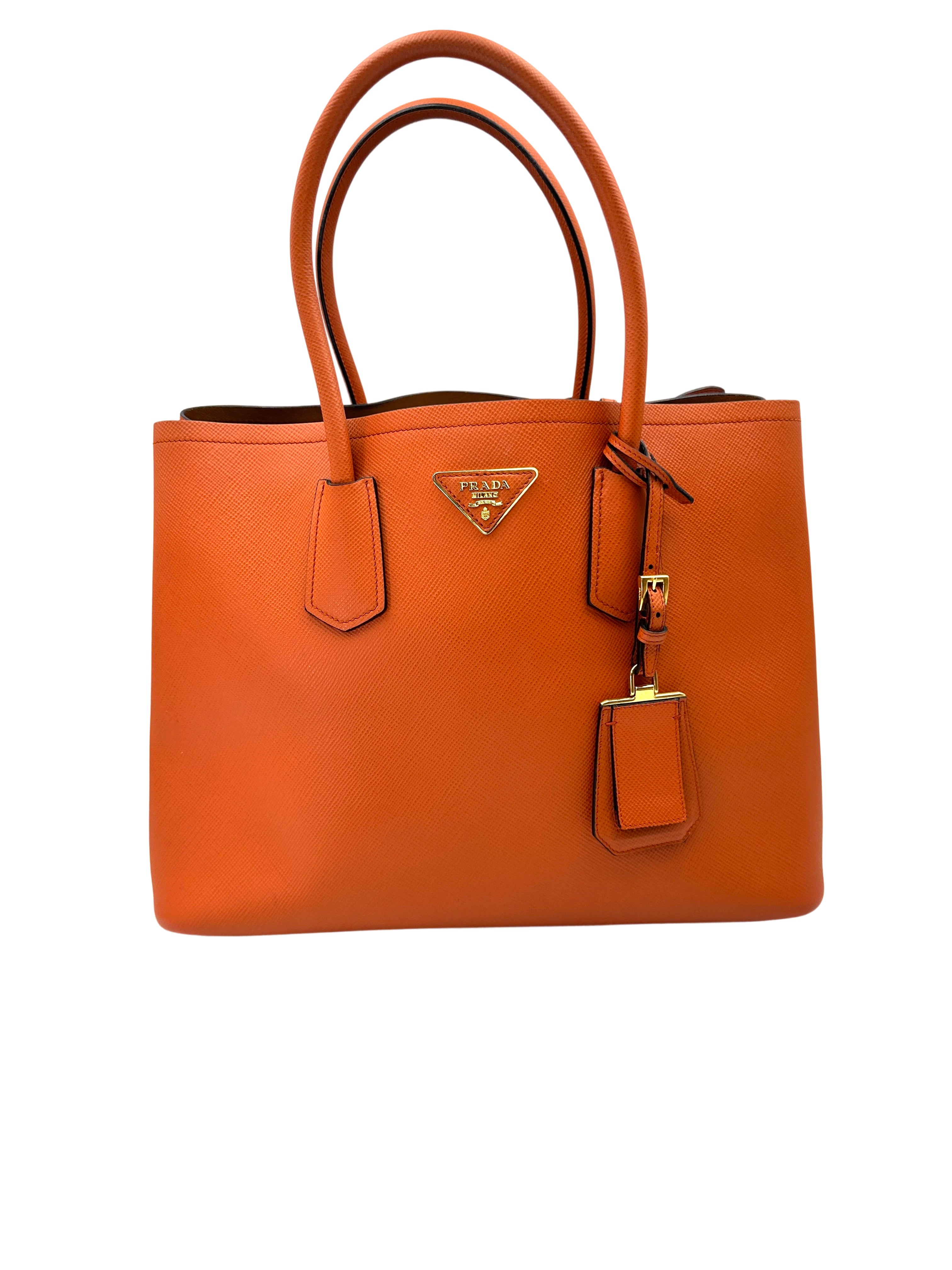 Prada Double Orange Saffiano Cuir Leather Handle Bag PR437