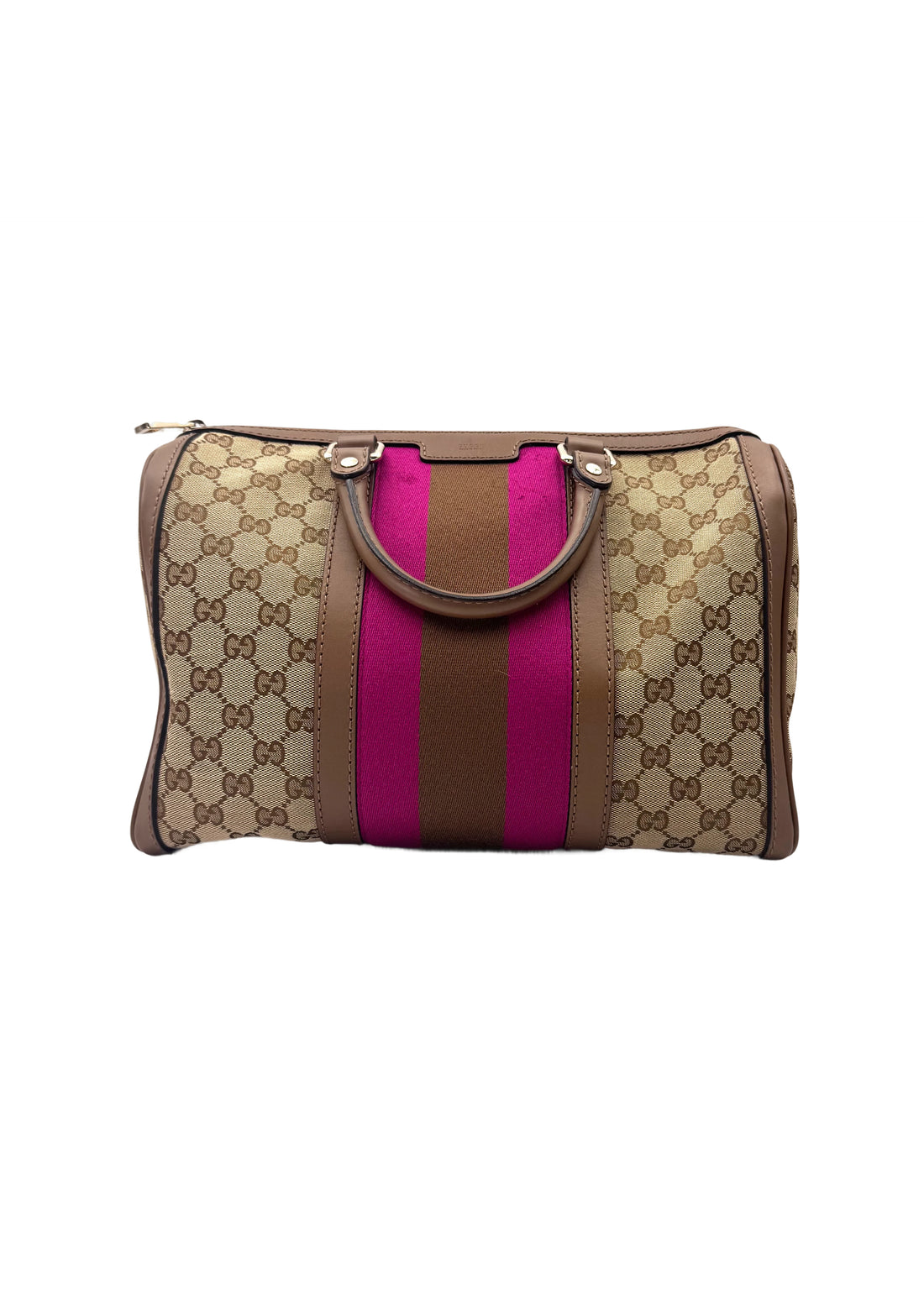 Gucci GG Supreme Canvas Boston Bag With Pink Stripe GG1214