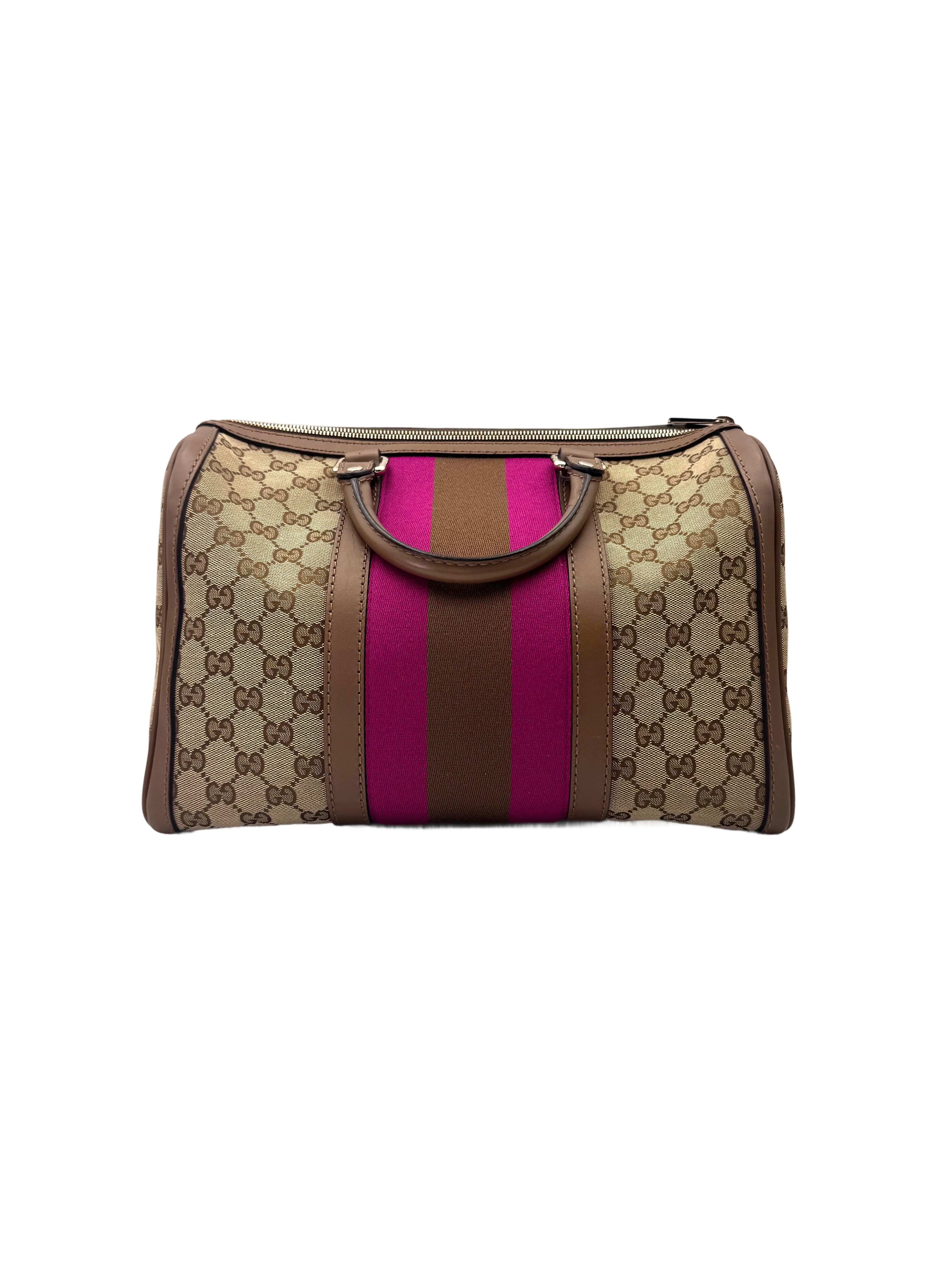 Gucci GG Supreme Canvas Boston Bag With Pink Stripe GG1214