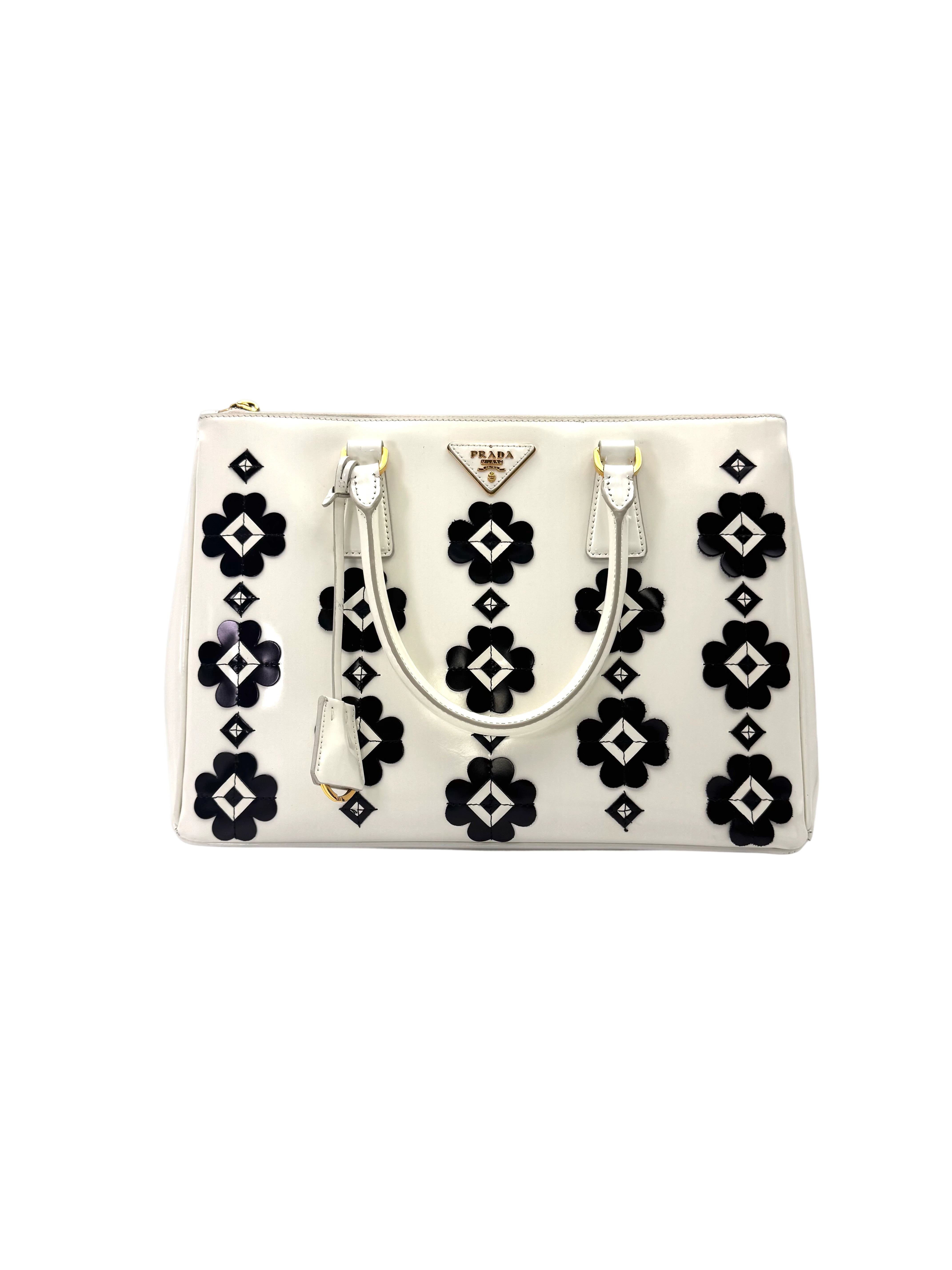 Prada Galleria White Saffiano Leather Flower Applique Handle Bag PR442