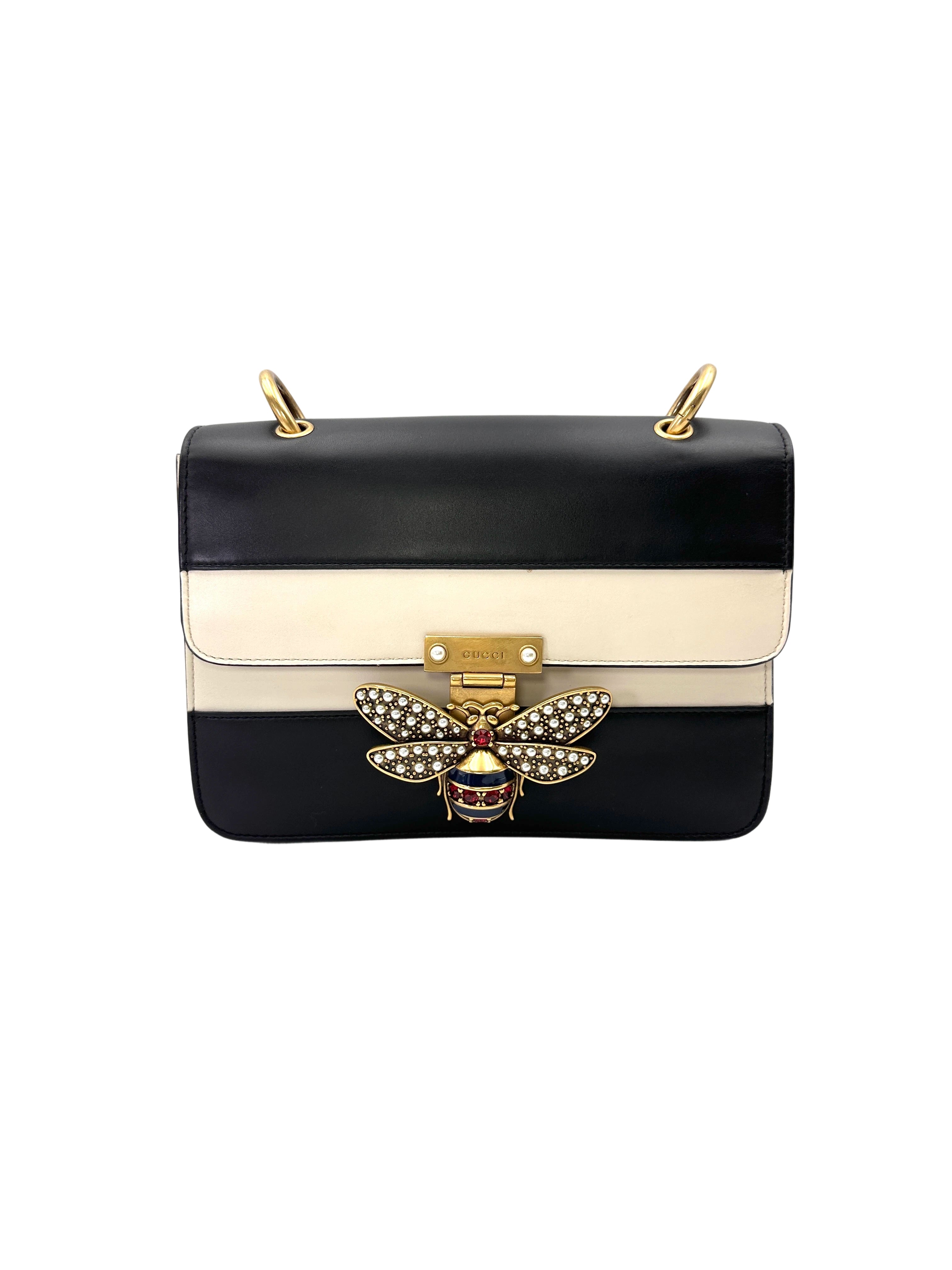 Gucci Queen Margaret Bee Black/White Leather Shoulder Bag GG1213