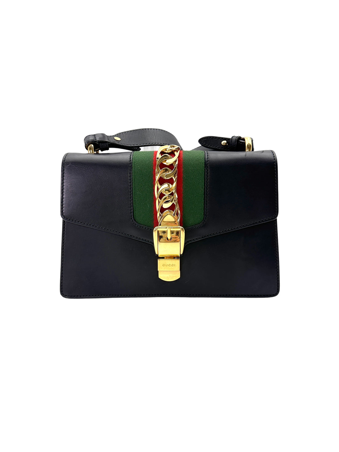 Gucci Sylvie Black Leather Medium Size Shoulder Bag GG1212