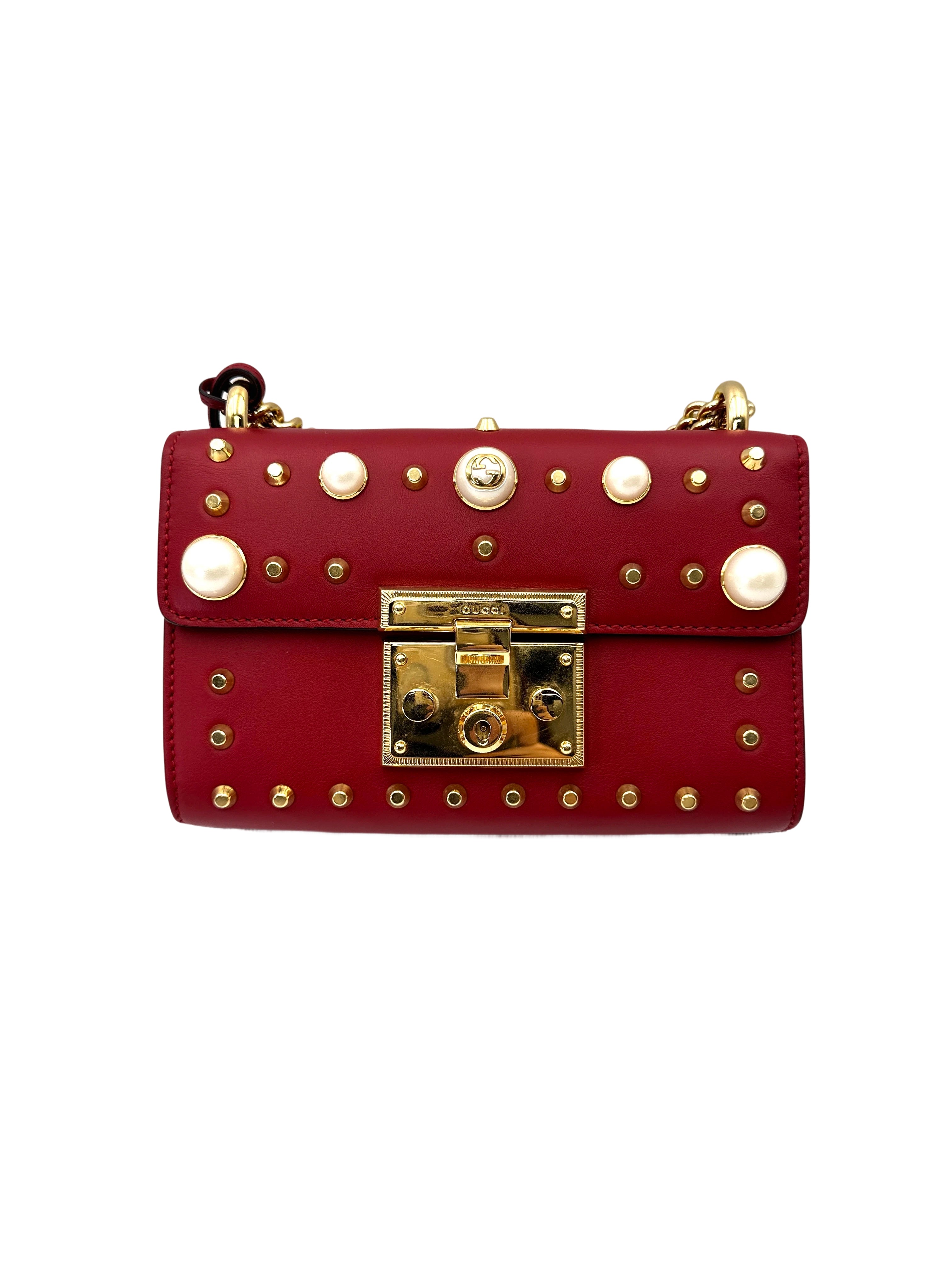 Gucci Padlock Red Pearl Studded Leather Chain Bag With Gold Hardware GG1223