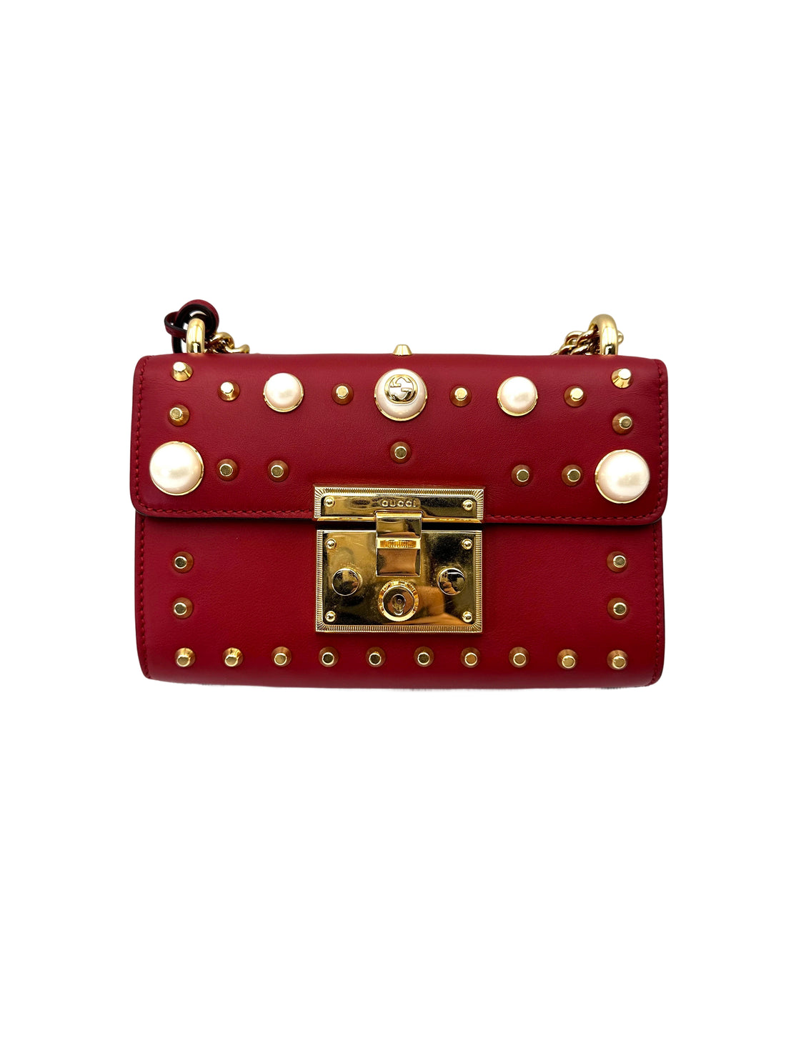 Gucci Padlock Red Pearl Studded Leather Chain Bag With Gold Hardware GG1223