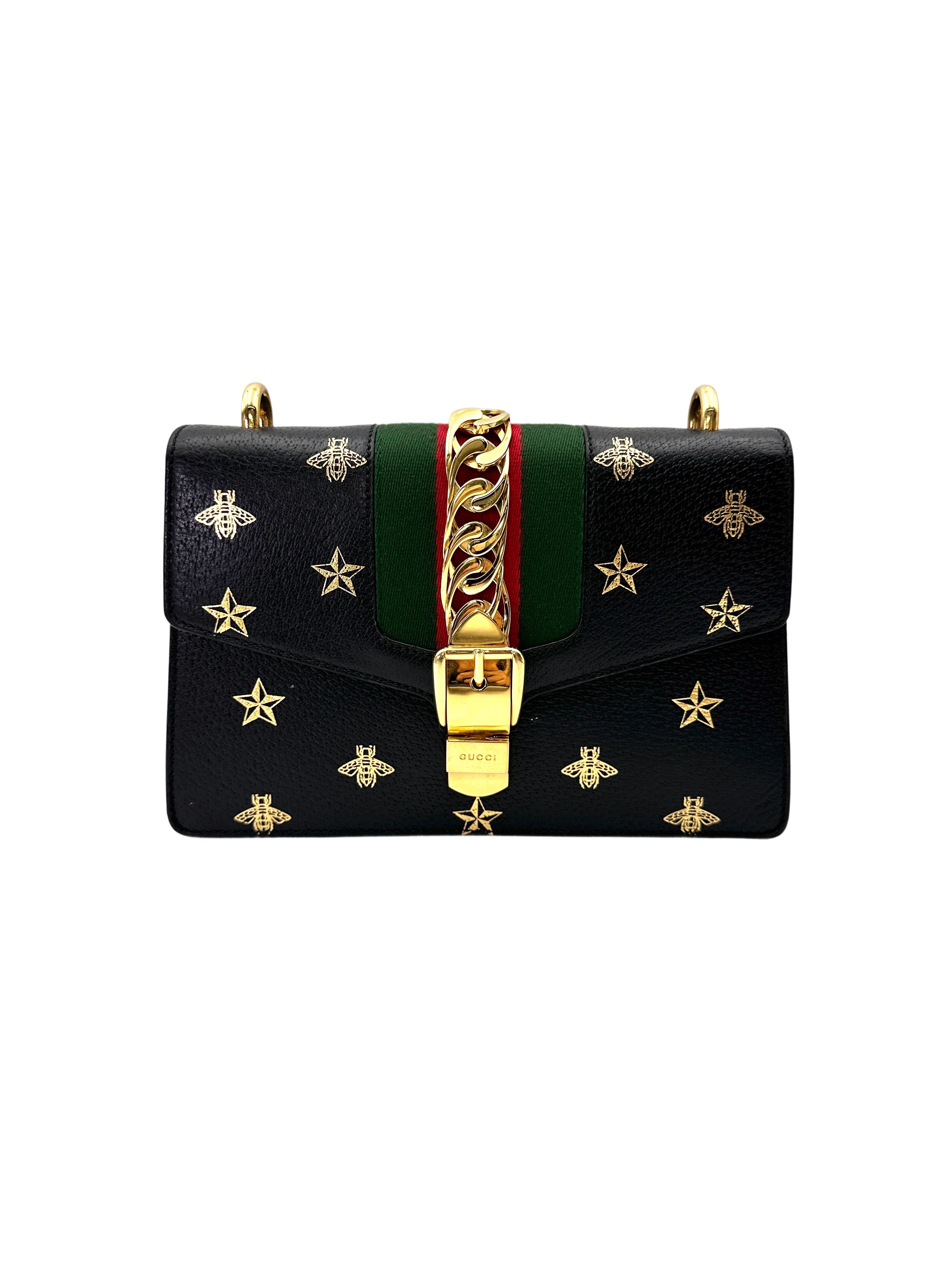Gucci Sylvie Bee Star Black Leather Medium Size Shoulder Bag GG1219
