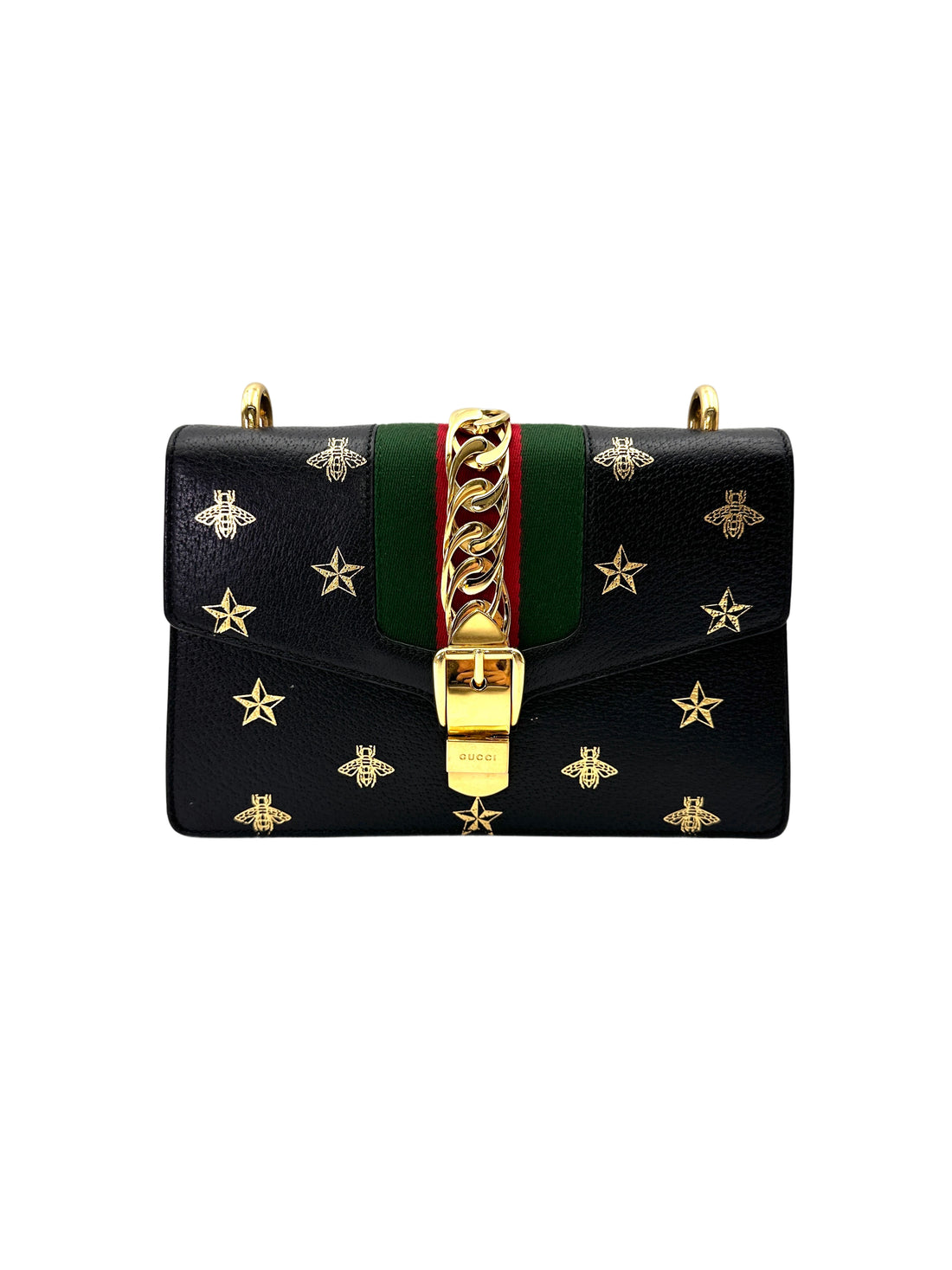 Gucci Sylvie Bee Star Black Leather Medium Size Shoulder Bag GG1219