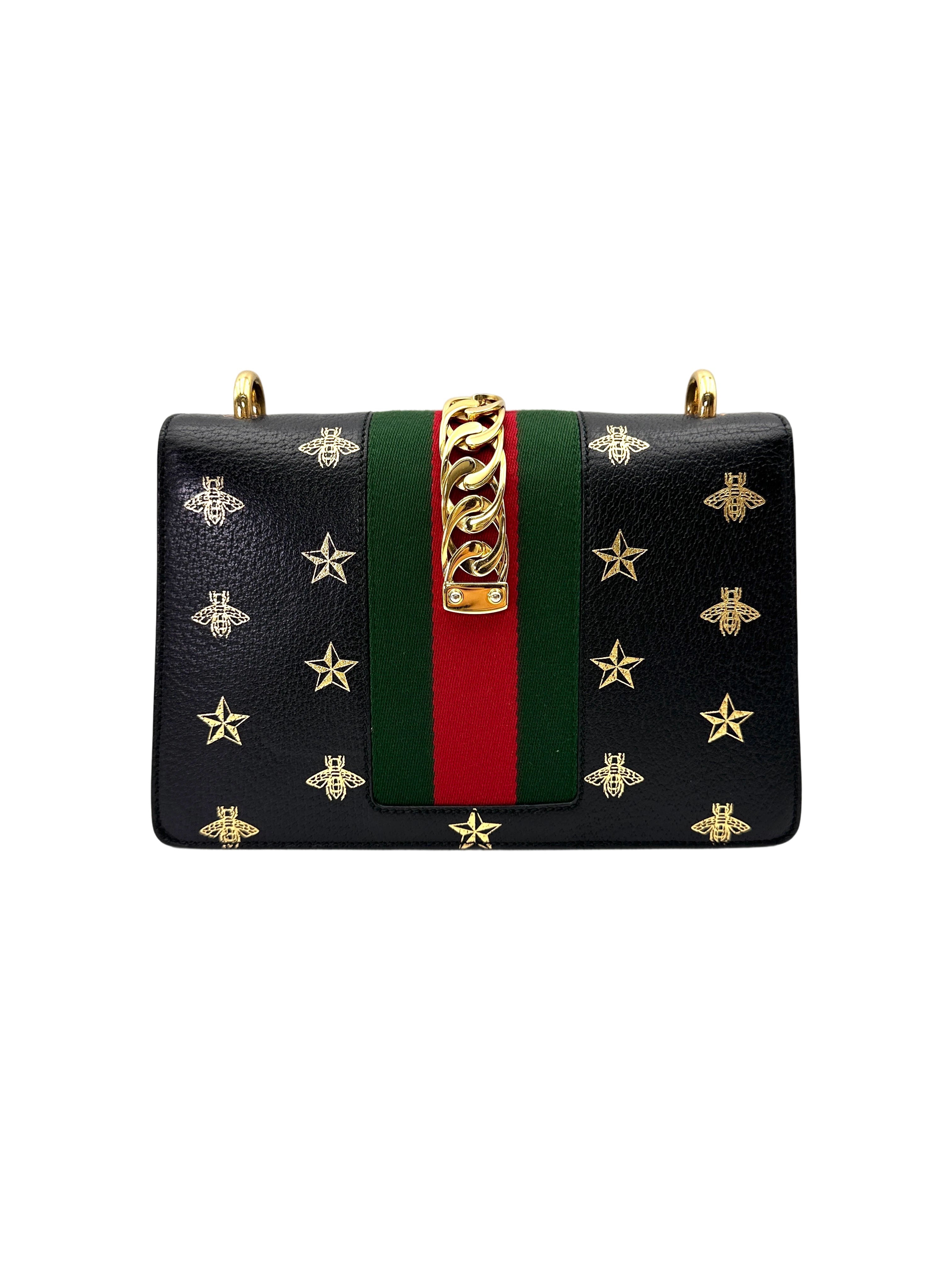 Gucci Sylvie Bee Star Black Leather Medium Size Shoulder Bag GG1219