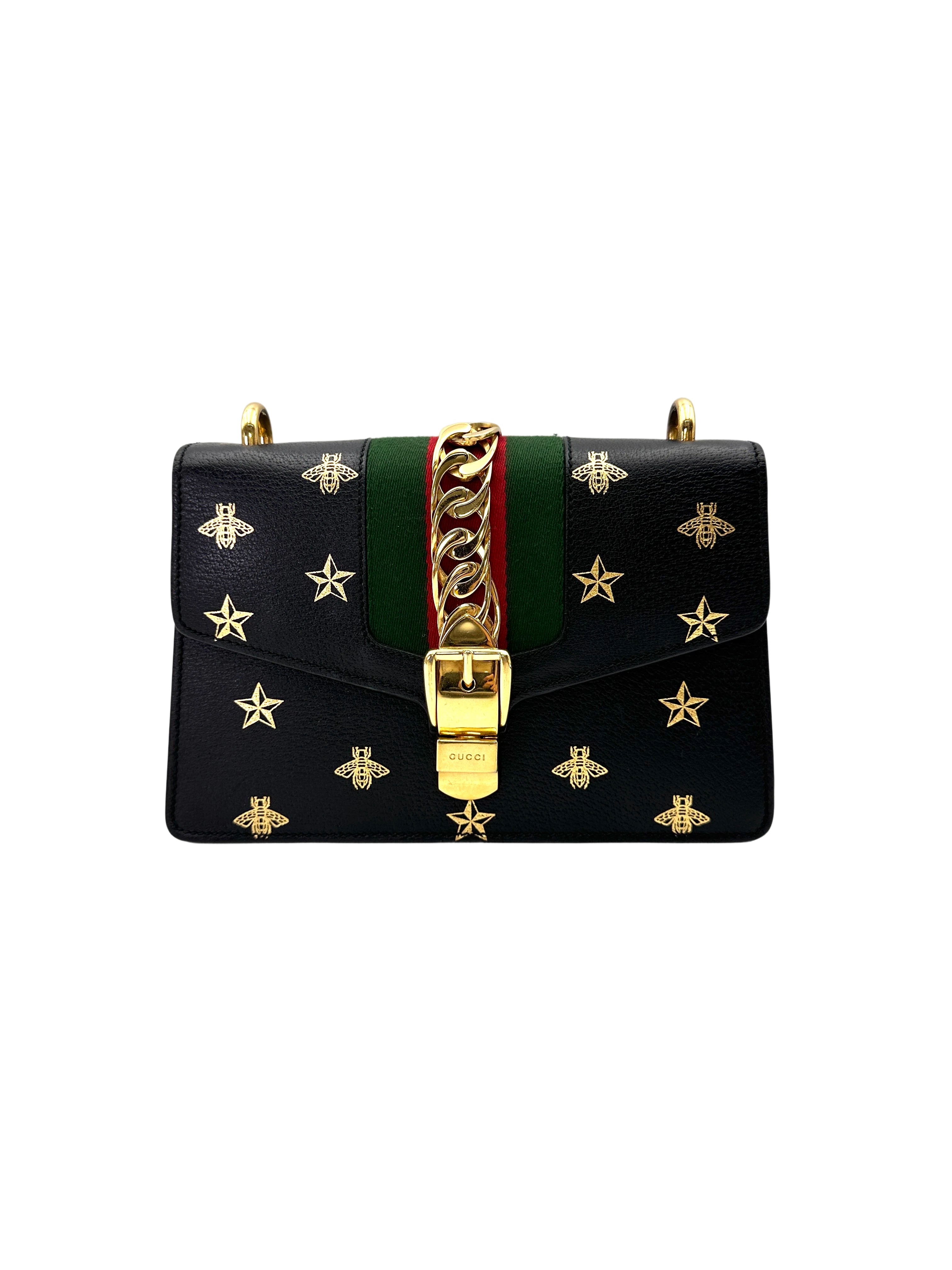 Gucci Sylvie Bee Star Black Leather Small Size Shoulder Bag GG1211