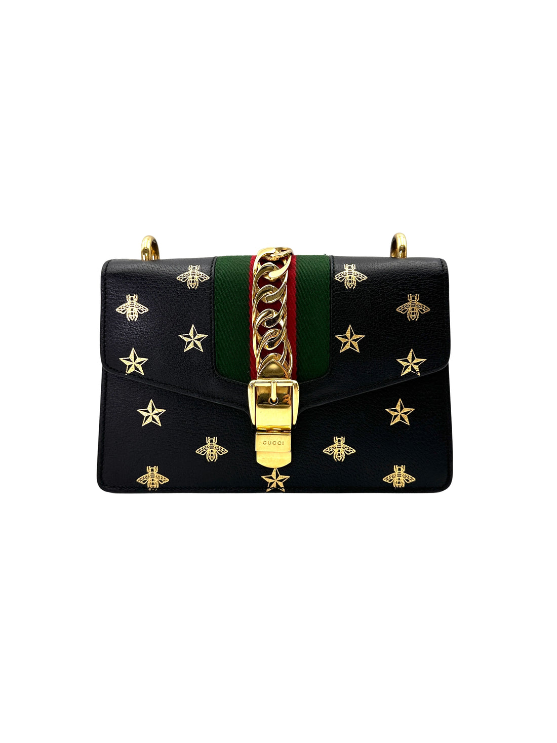 Gucci Sylvie Bee Star Black Leather Small Size Shoulder Bag GG1211