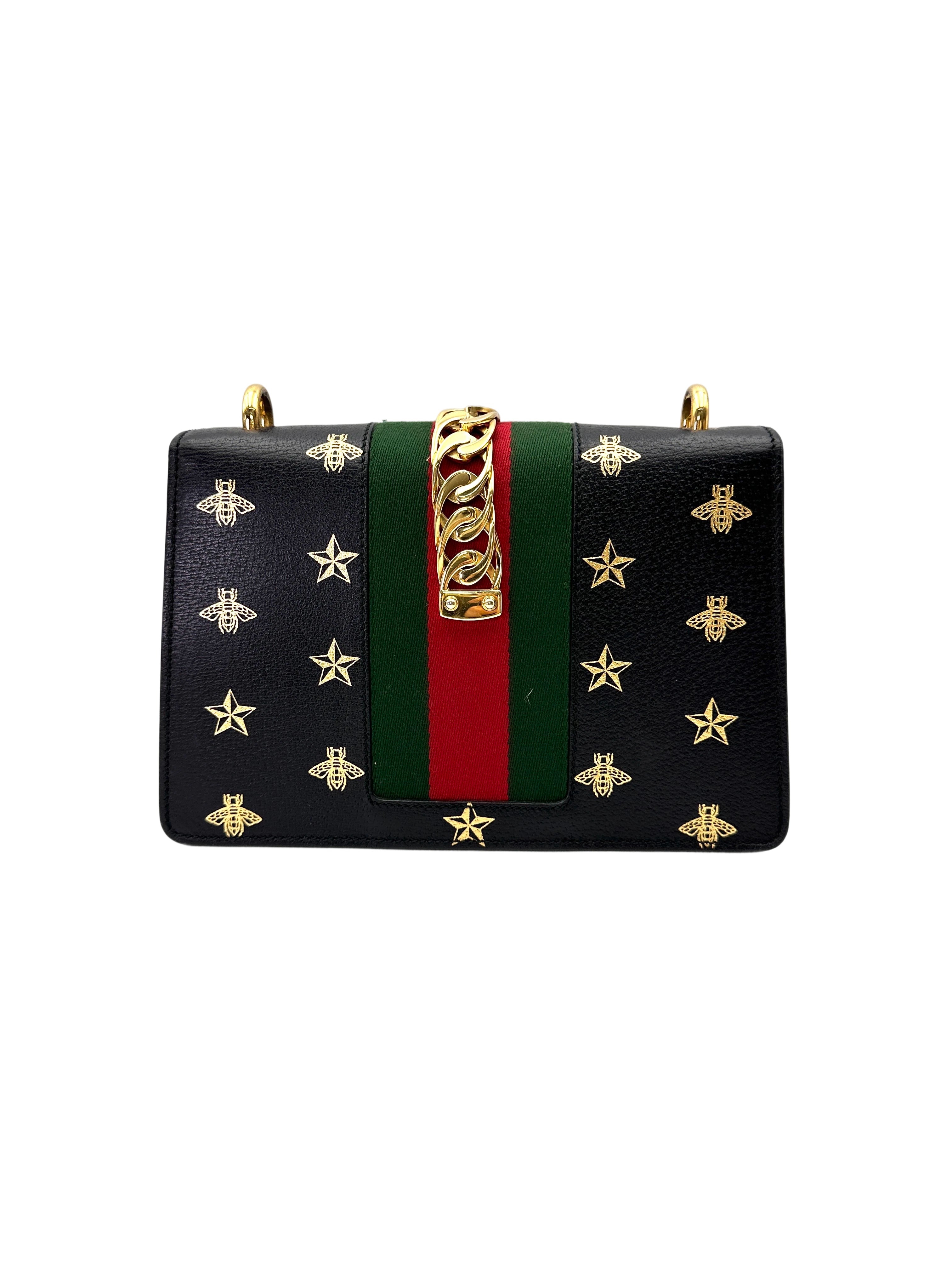 Gucci Sylvie Bee Star Black Leather Small Size Shoulder Bag GG1211