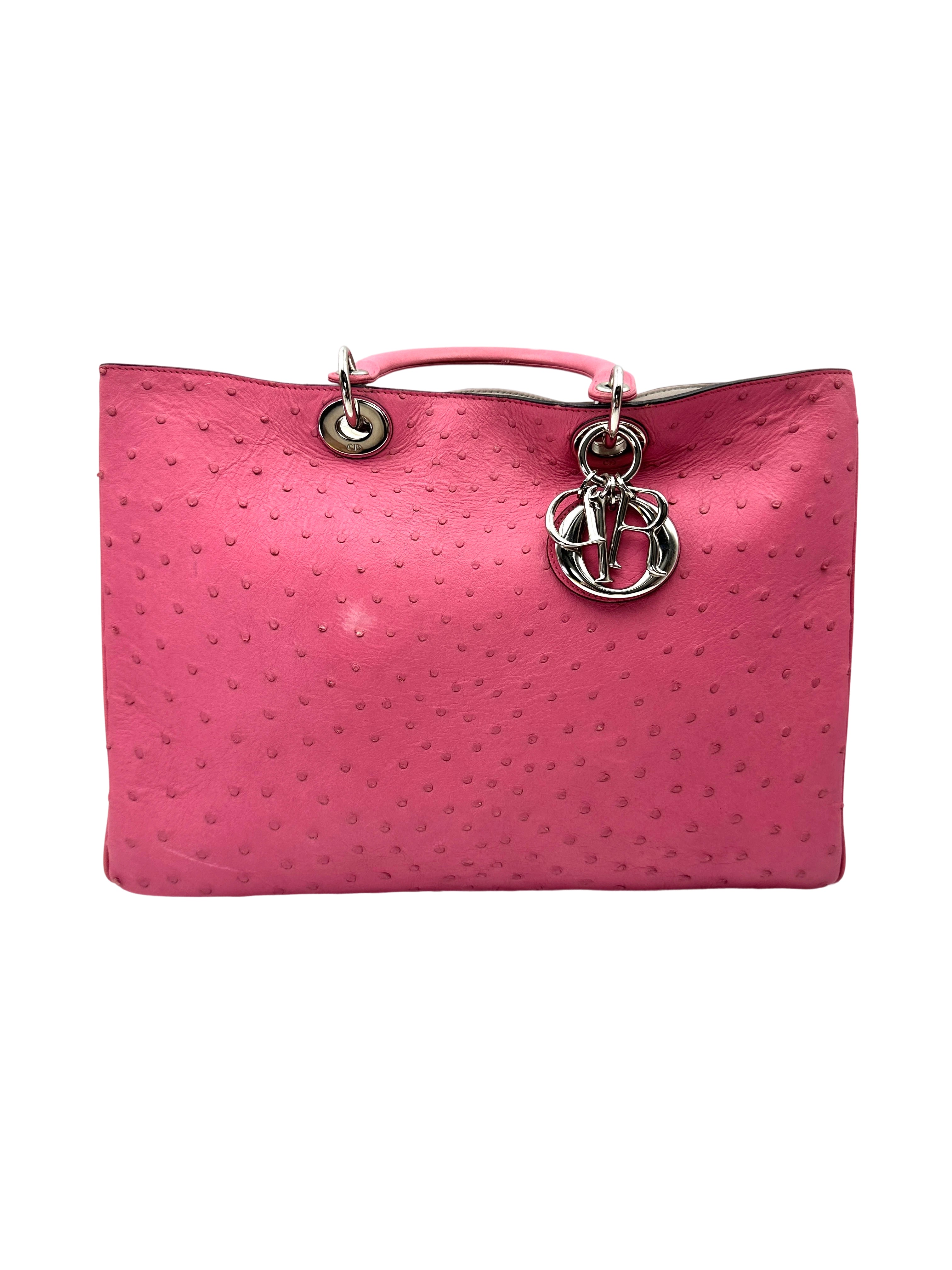 Christian Dior Diorissimo Pink Ostrich Leather Medium Size Top Handle Bag DR776