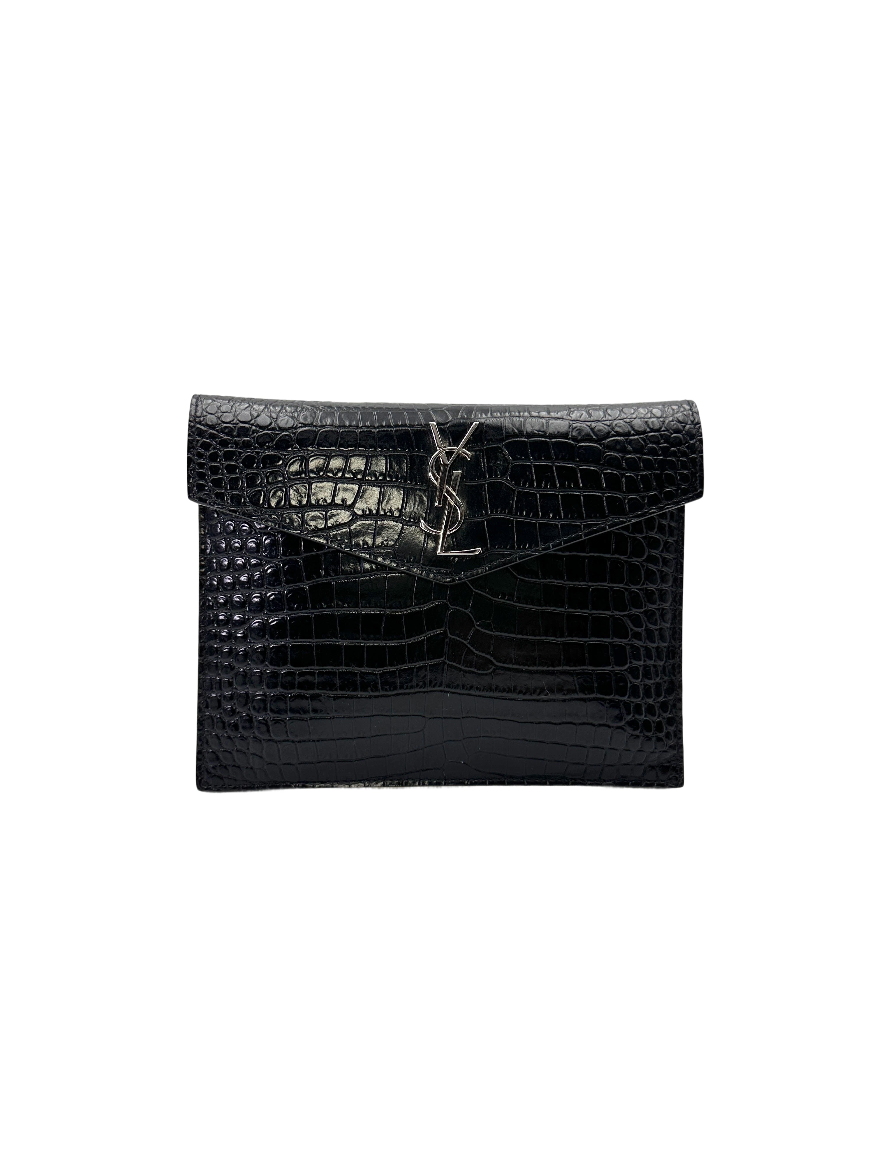 Saint Laurent Uptown Black Croc-Embossed Leather Pouch SL250