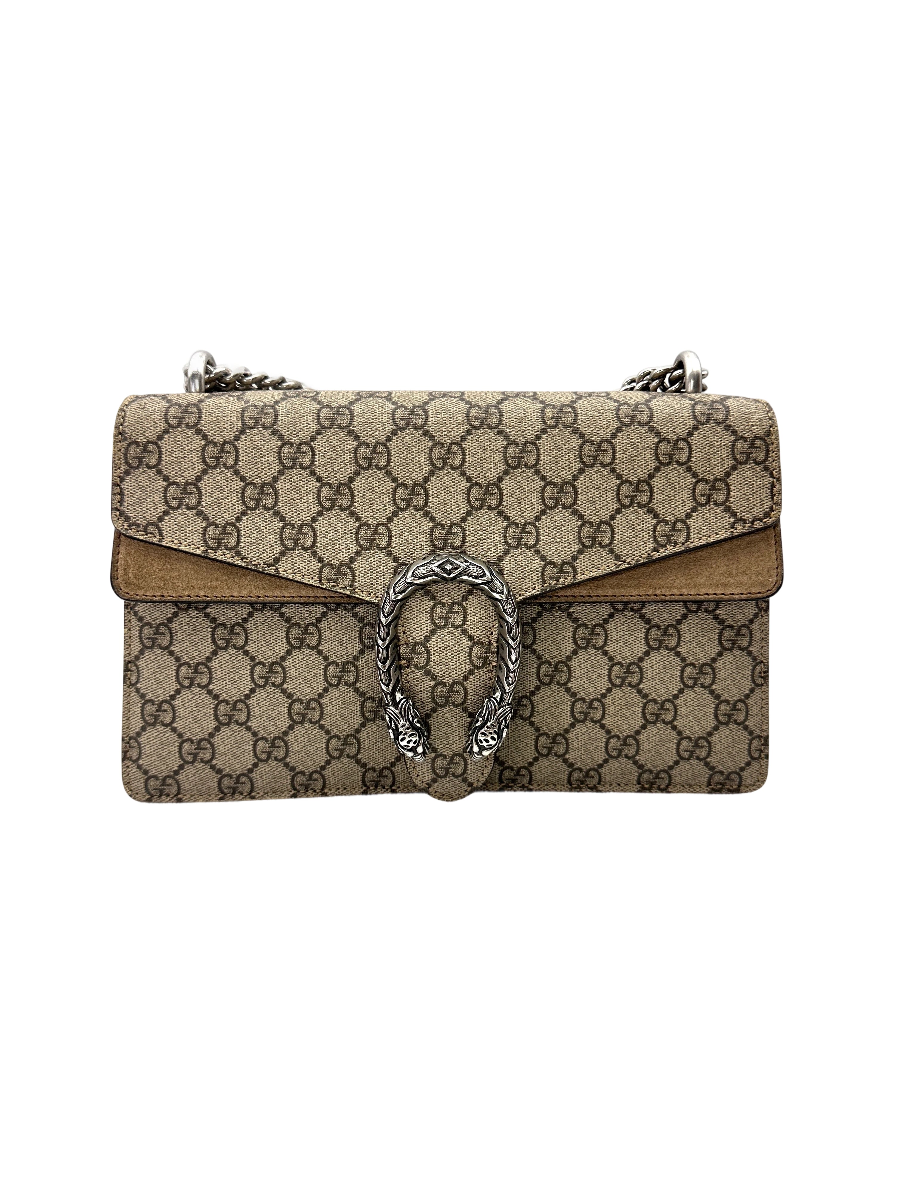 Gucci Dionysus GG Supreme Canvas Medium Size Shoulder Bag With Brown Trim GG1233