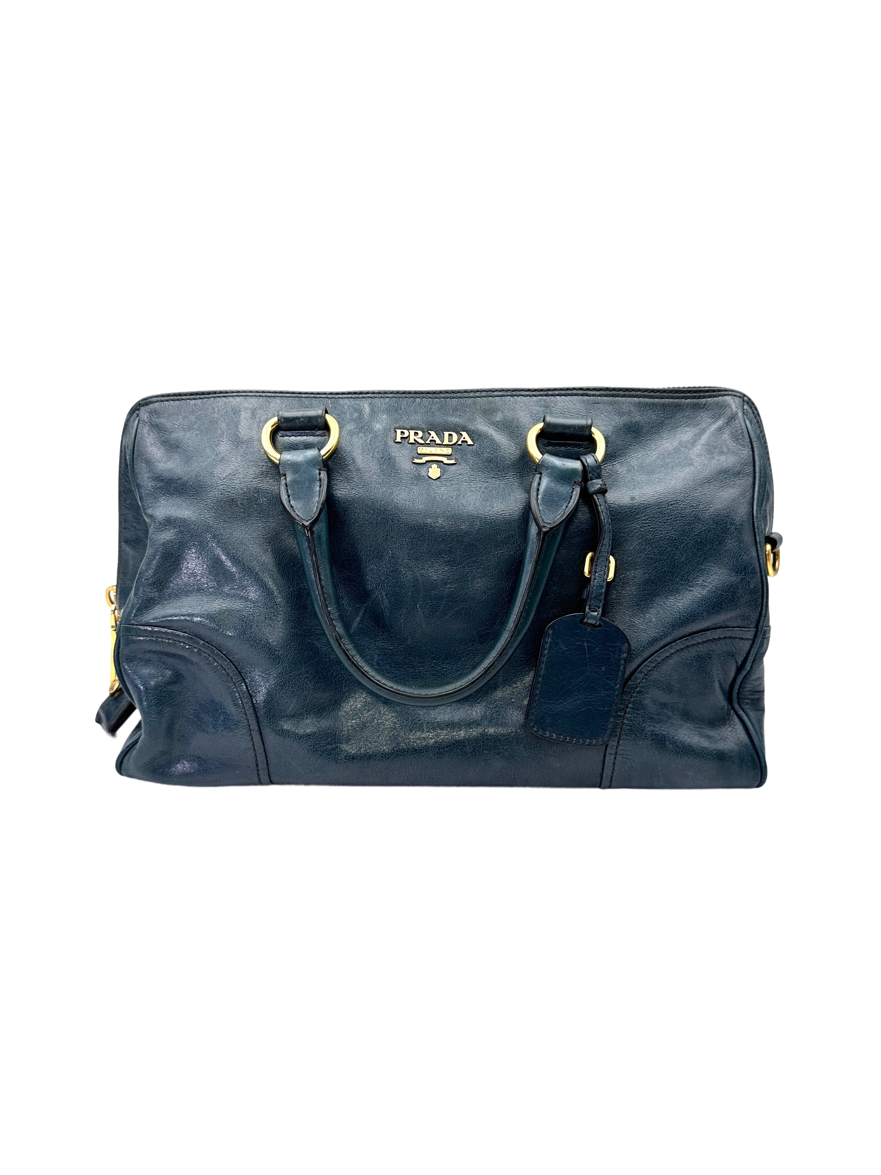 Prada Vitello Shine Black Leather Handle Bag PR446