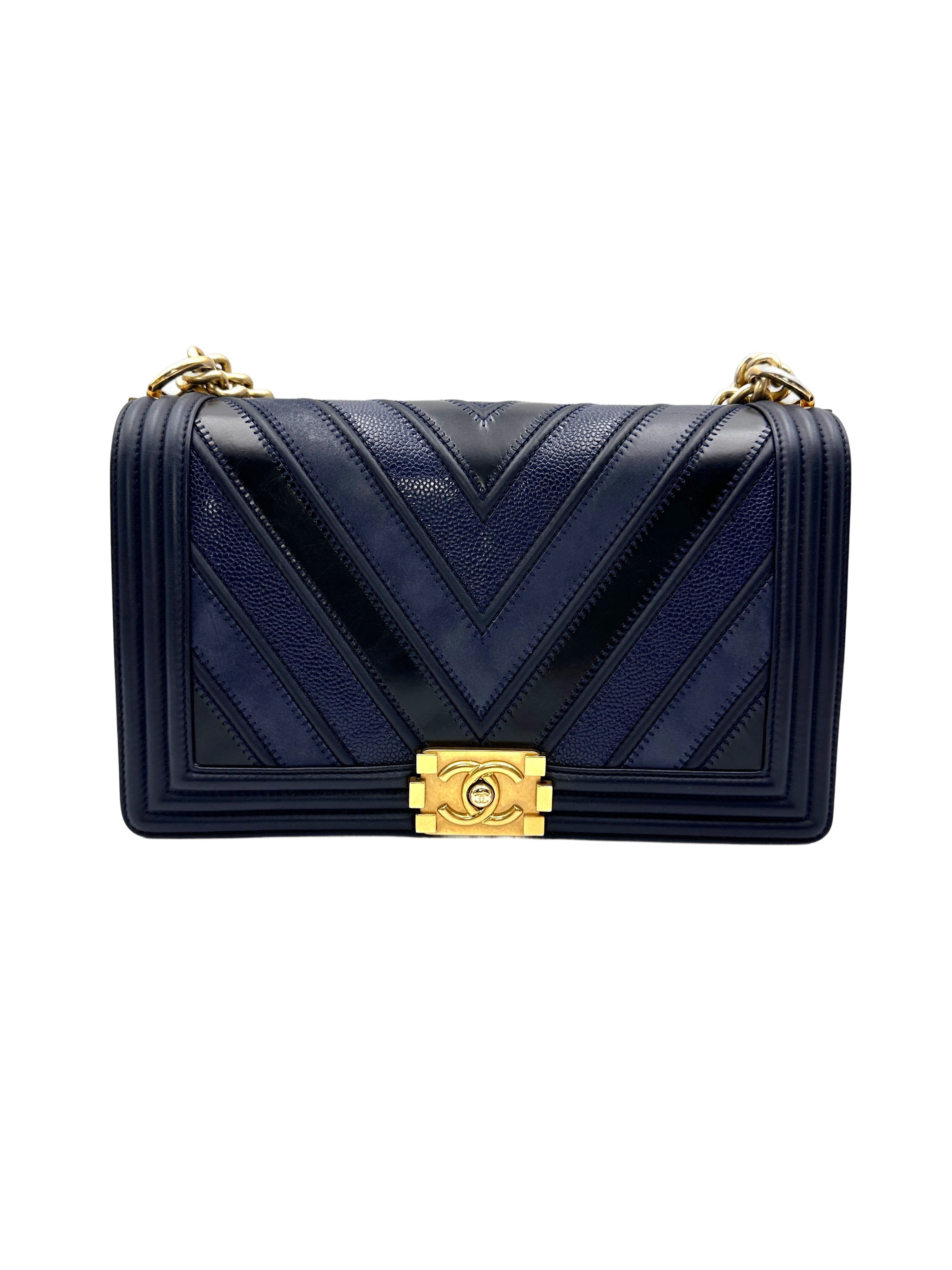 Chanel LeBoy Navy Chevron Quilted Calfskin Flap Bag With Gold Buckle(22***23) CC2114