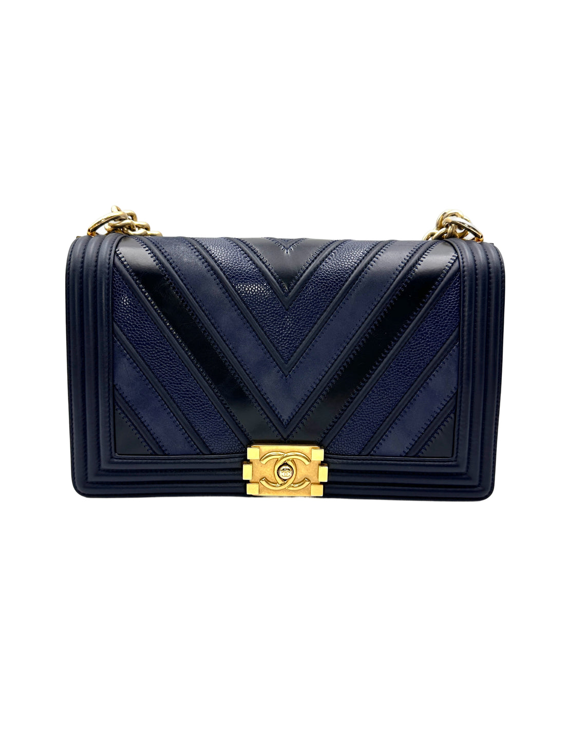 Chanel LeBoy Navy Chevron Quilted Calfskin Flap Bag With Gold Buckle(22***23) CC2114