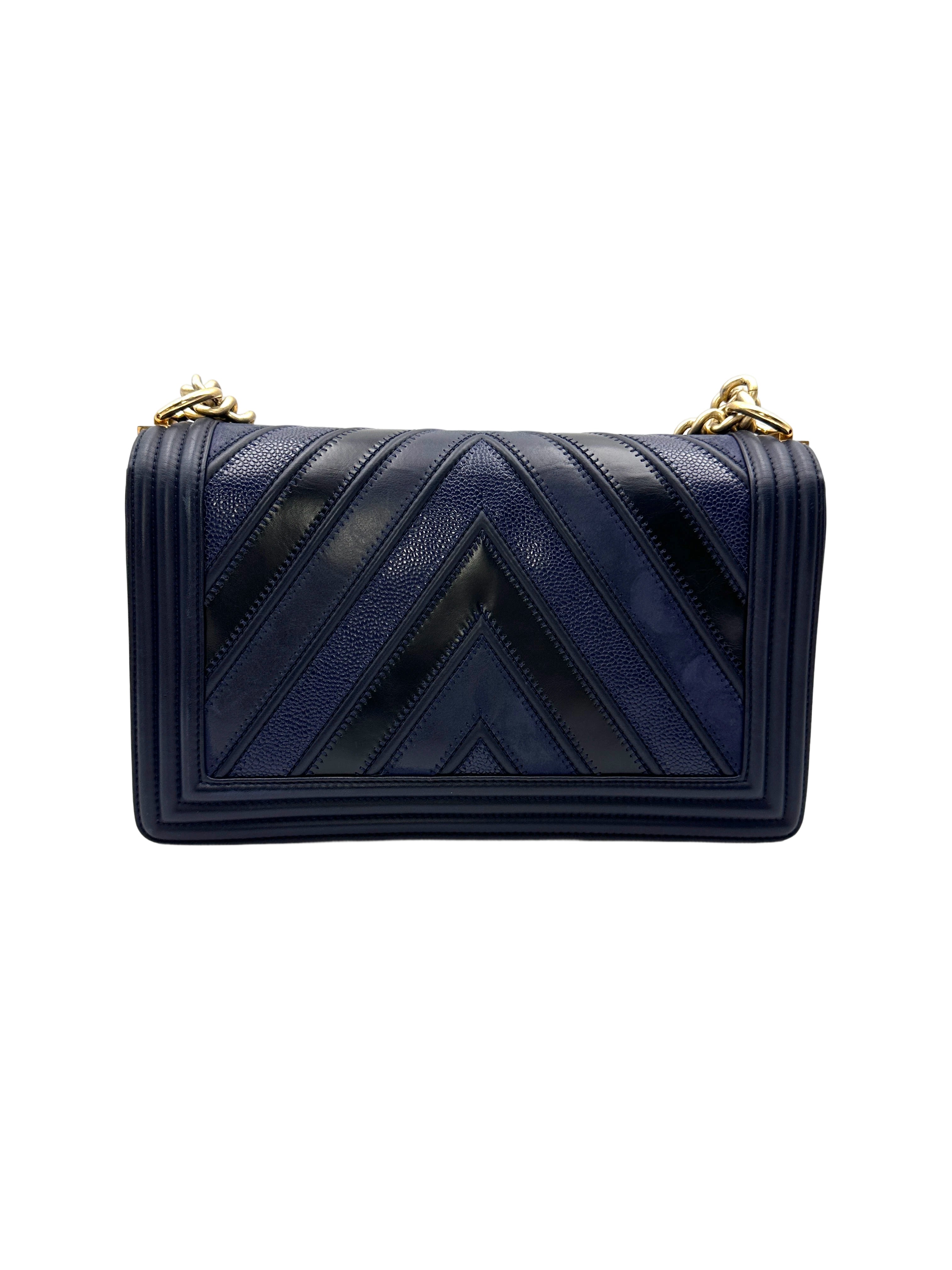 Chanel LeBoy Navy Chevron Quilted Calfskin Flap Bag With Gold Buckle(22***23) CC2114