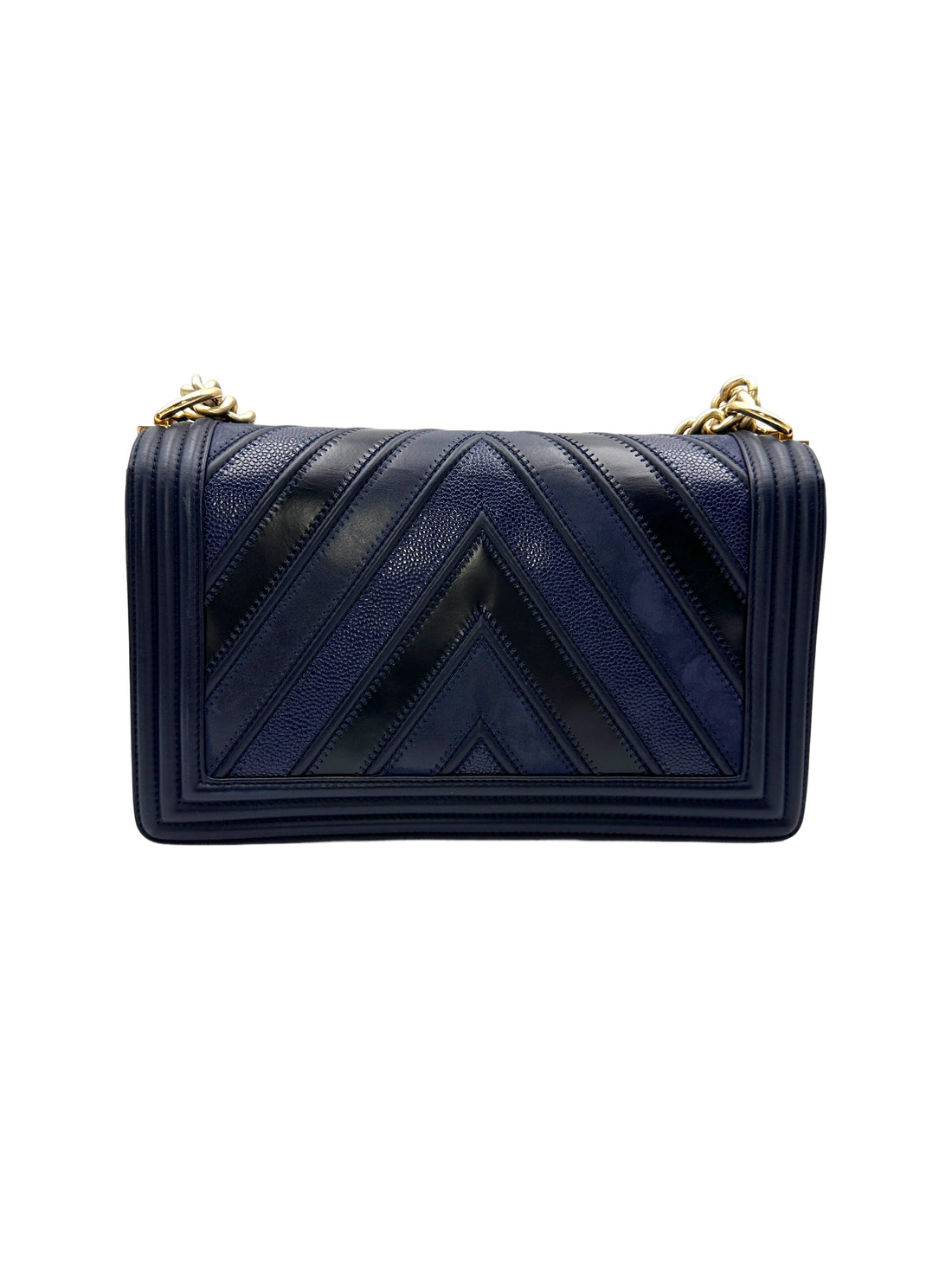 Chanel LeBoy Navy Chevron Quilted Calfskin Flap Bag With Gold Buckle(22***23) CC2114