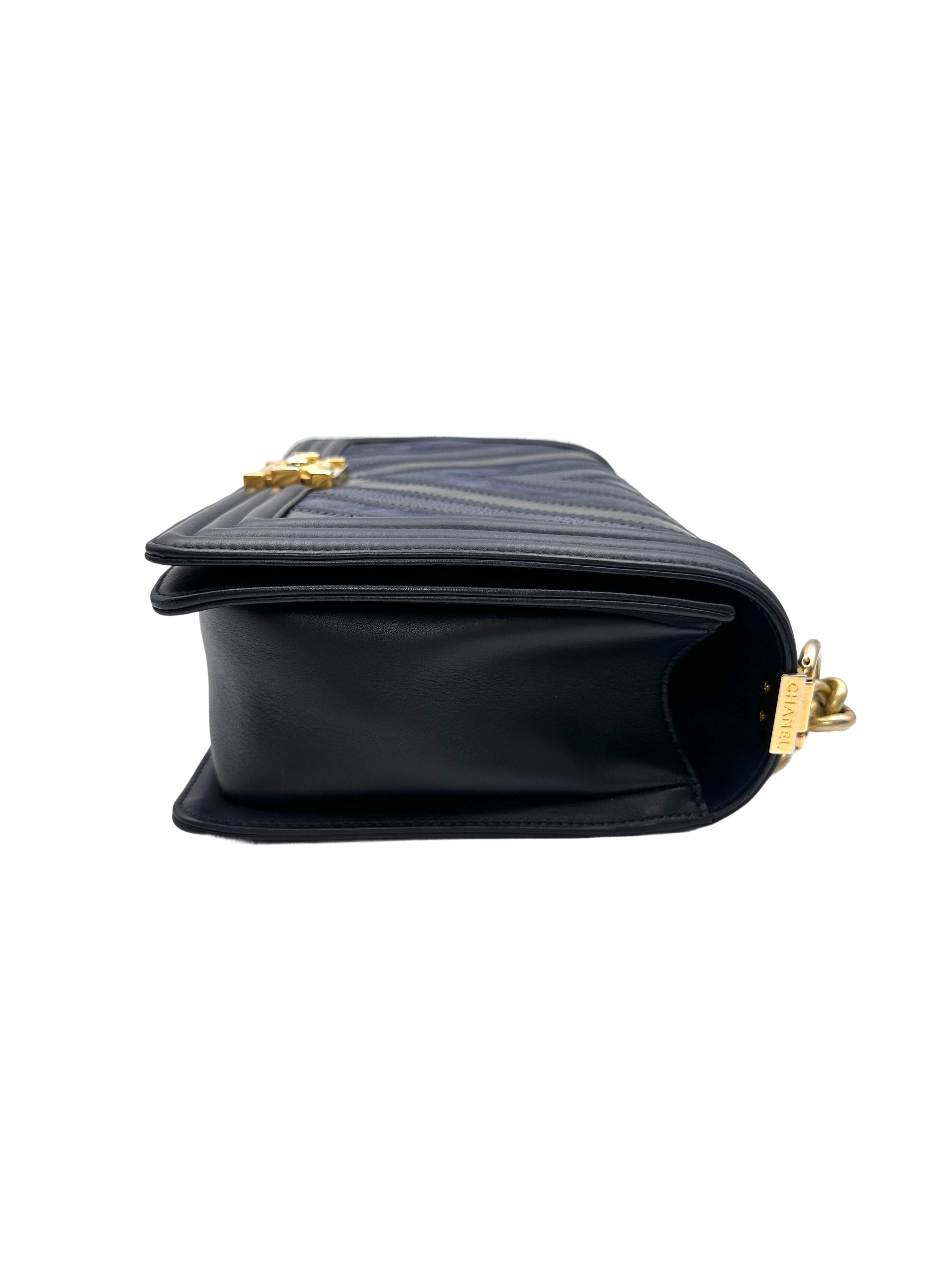 Chanel LeBoy Navy Chevron Quilted Calfskin Flap Bag With Gold Buckle(22***23) CC2114